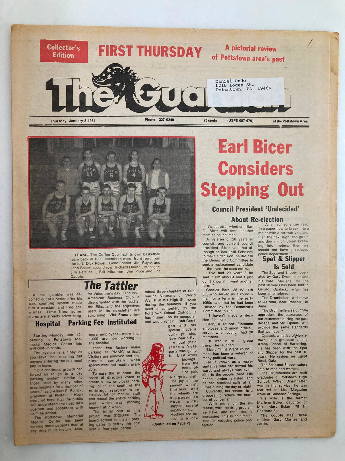 The Guardian Newspaper dated January 8, 1981, featuring the headline 'Earl Bicer Considers Stepping Out'. The newspaper showcases a group photo of the basketball team on the front page.