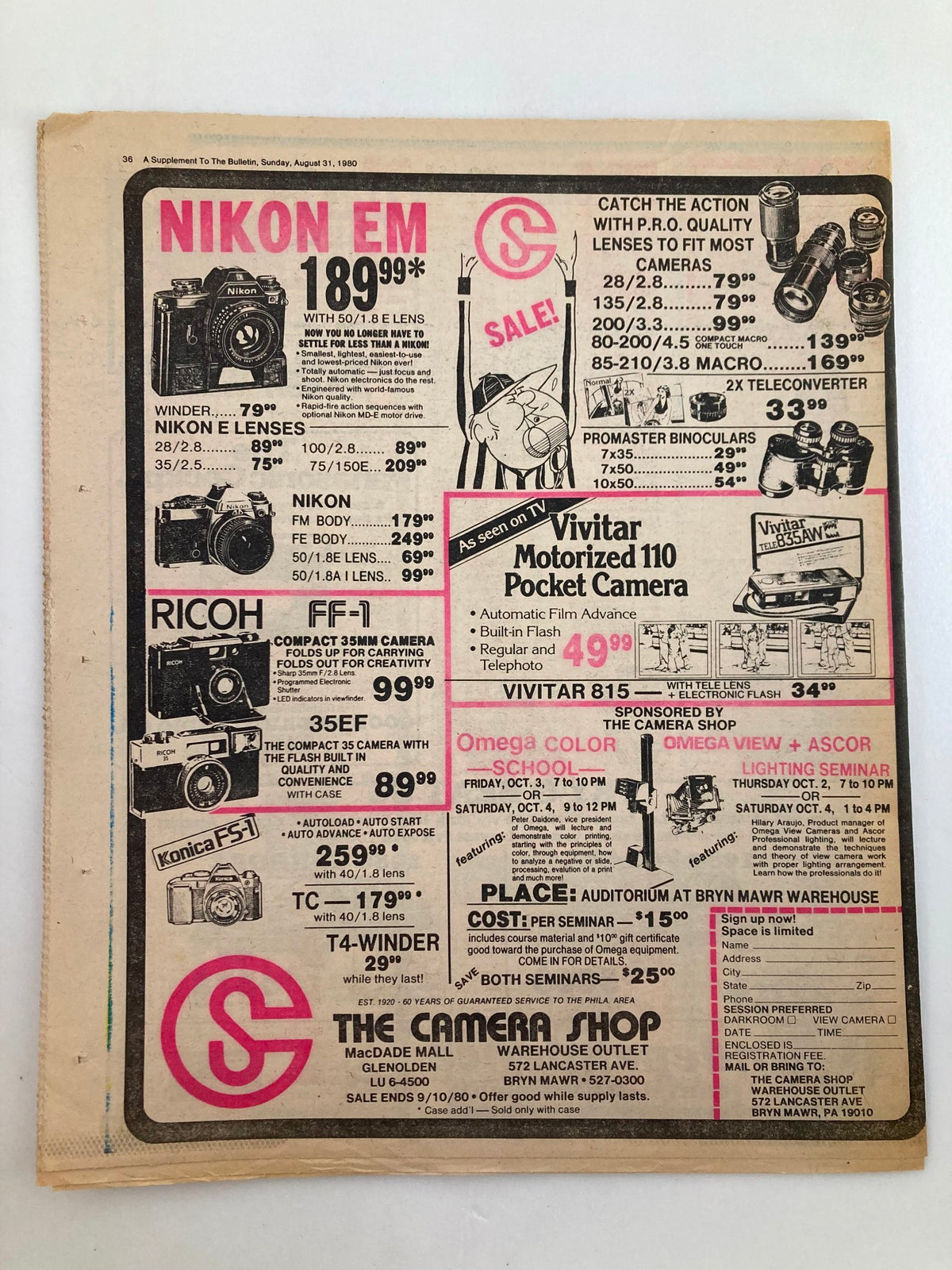 Nikon EM camera advertisement from The Bulletin Football Guide Tabloid August 31, 1980, showcasing prices and features of cameras and lenses.