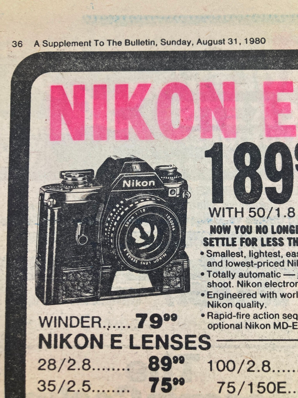 Close-up of Nikon EM camera details from The Bulletin Football Guide Tabloid August 31, 1980, featuring pricing and product descriptions.