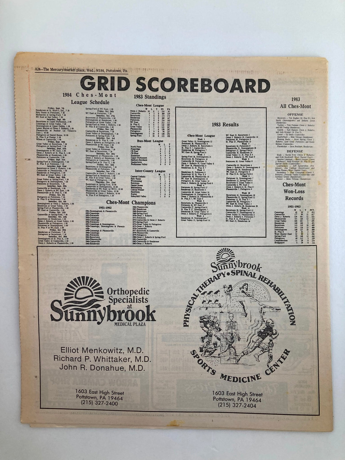 Grid scoreboard from the Supplement to the Mercury September 5 1984 NFL Football '84 Season, displaying the 1984 Ches-Mont League schedule, standings, and game results. Includes advertisements for Sunnybrook Orthopedic Specialists in Pottstown, PA.