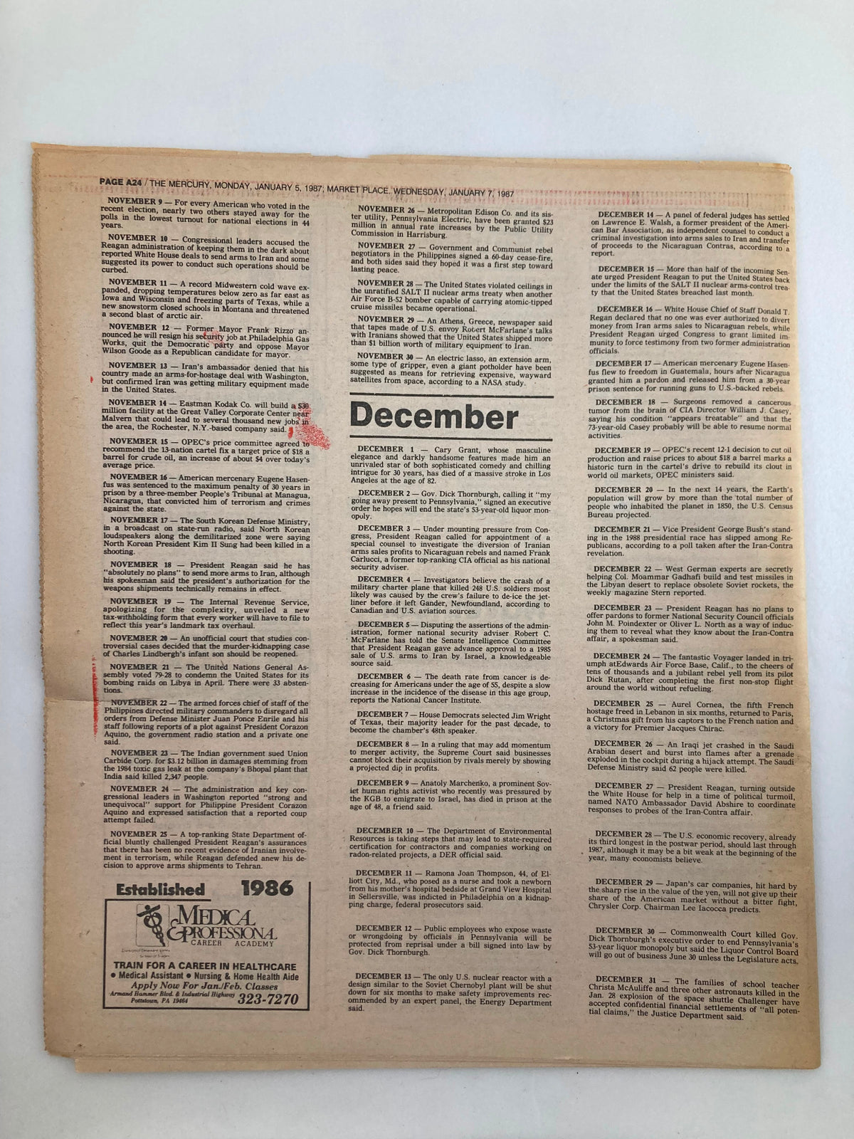 Back page of The Mercury Supplementary Tabloid dated January 5, 1987, showing listings and events from December 1986, as part of its content titled 'Chronology '86'.