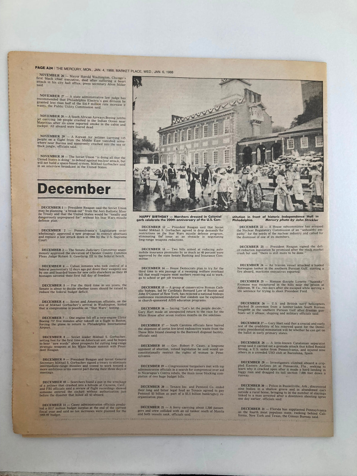 Page from 'The Mercury Supplementary Tabloid January 4 1988 Chronology '87 A Year in Review' displaying a calendar for December 1987, highlighting key events in a chronological format.