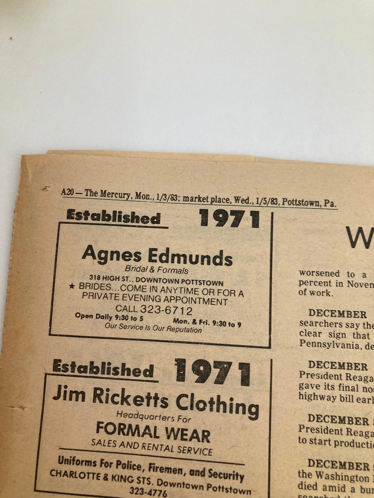 The Mercury Supplementary Tabloid January 3 1983 highlighting established businesses like Agnes Edmunds and Jim Ricketts Clothing, with details on services offered.