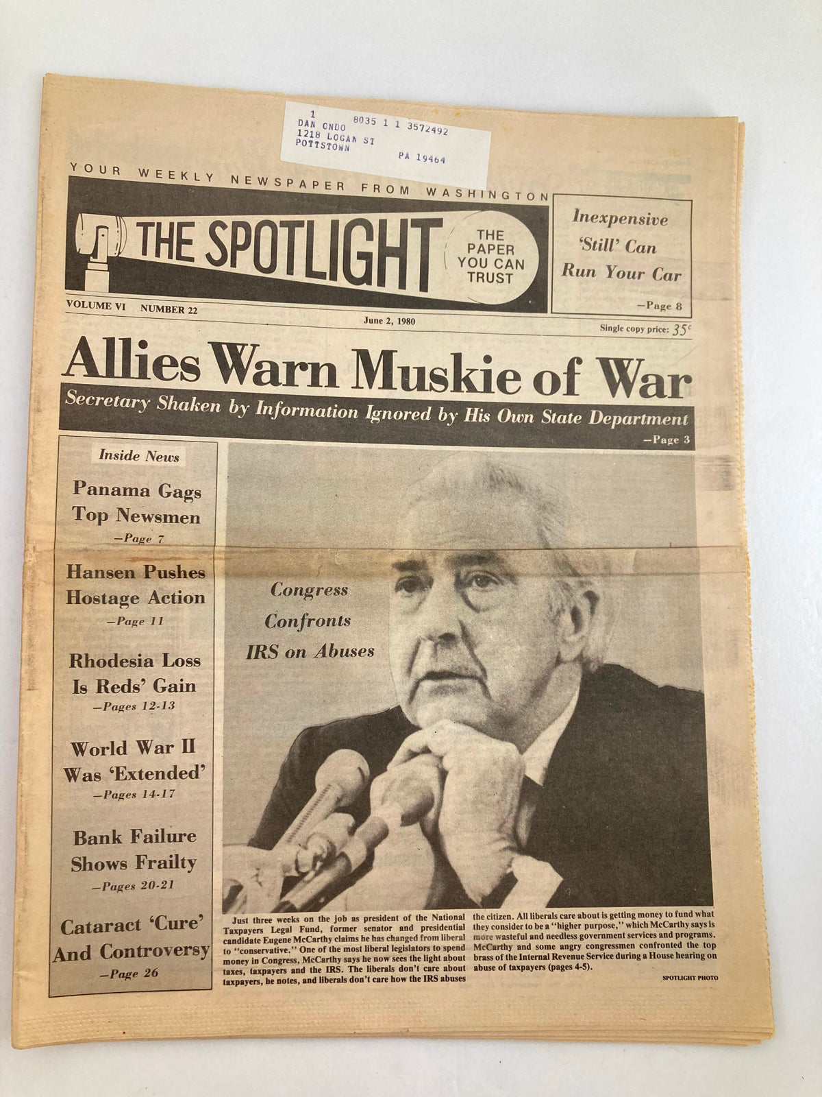 The Spotlight Newspaper dated June 2, 1980, Vol 6 #22, featuring a headline about 'Allies Warn Muskie of War' and an image of a speaker at a press conference. The newspaper highlights political events and includes coverage on Eugene McCarthy's presidential campaign.