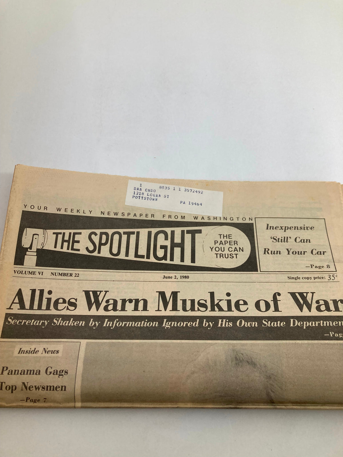 The Spotlight Newspaper June 2 1980 Vol 6 #22 cover page headline 'Allies Warn Muskie of War', highlighting the political news of the time with the date prominently displayed. The newspaper serves as a historical document capturing the mood of American politics during the 1980 election cycle.