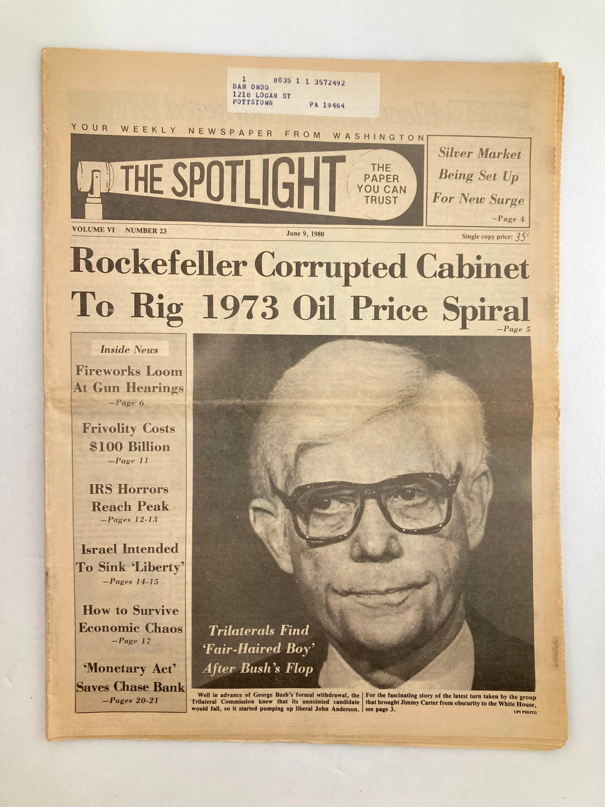 The Spotlight Newspaper June 9 1980 Vol 6 #23 featuring an article on John Anderson, with the headline discussing Rockefeller's influence in the oil industry. The newspaper is in good condition with a minor wear and protective covering.