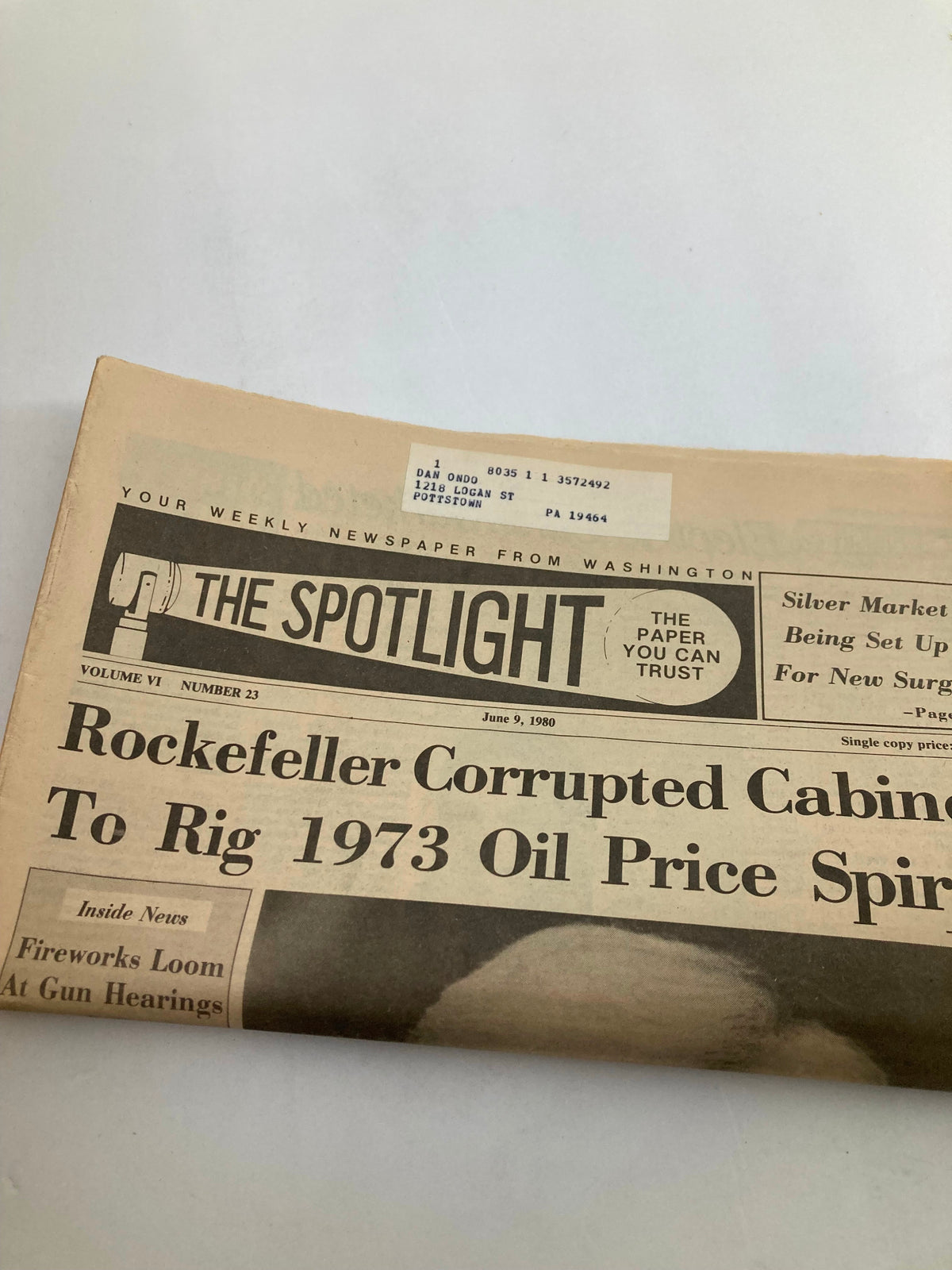 The Spotlight Newspaper, June 9, 1980, Vol 6 #23 featuring a headline about Rockefeller and oil price manipulation. Displaying news from Washington, with minor wear visible and a protective plastic cover.