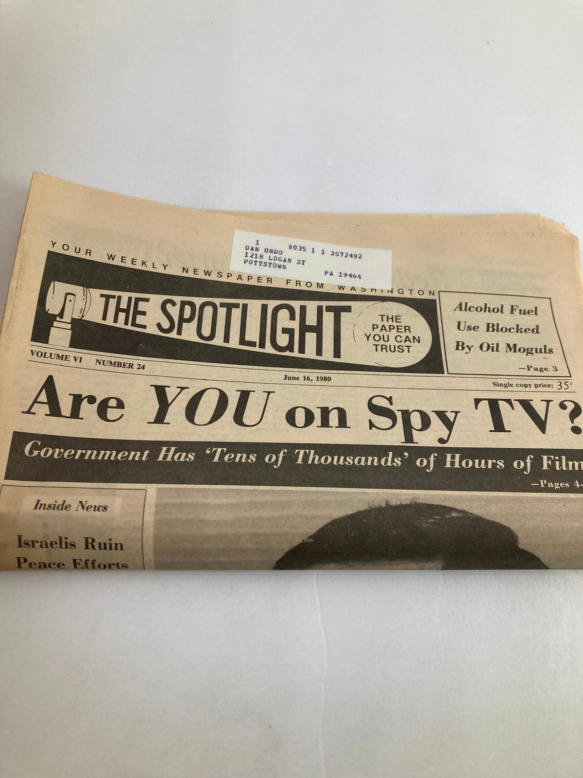 The Spotlight Newspaper June 16 1980 Vol 6 #24 showcasing the front cover. It highlights key issues such as government oversight and includes a label affecting the newspaper's condition.