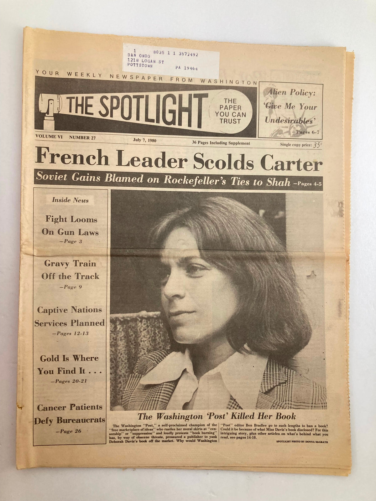 The Spotlight Newspaper July 7 1980 Vol 6 #27 Deborah Davis' Books Were Killed featuring a headline about the French leader scolding Carter, with an image of a woman and article summaries on the side.