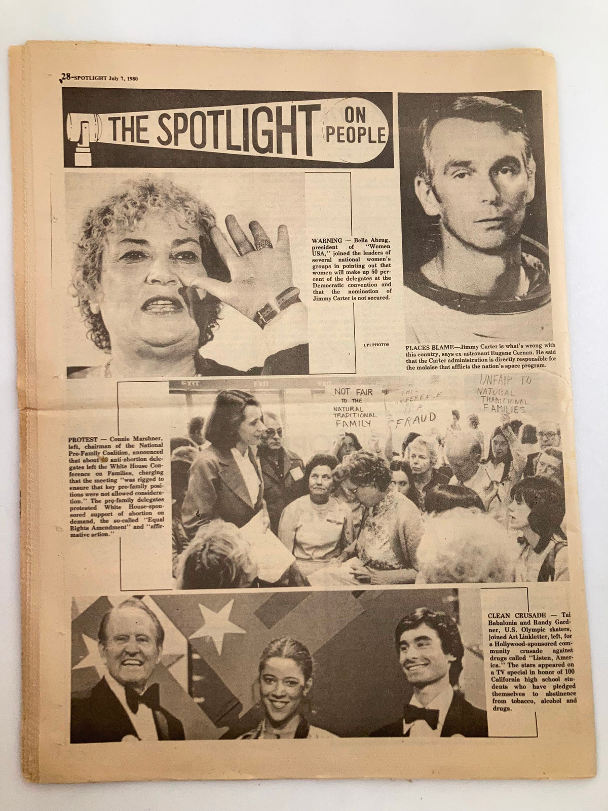 The Spotlight Newspaper July 7 1980 Vol 6 #27 Deborah Davis' Books Were Killed showcasing articles including a warning about a fraud claim, a photo of a man, and an image of people engaging in protest activities.