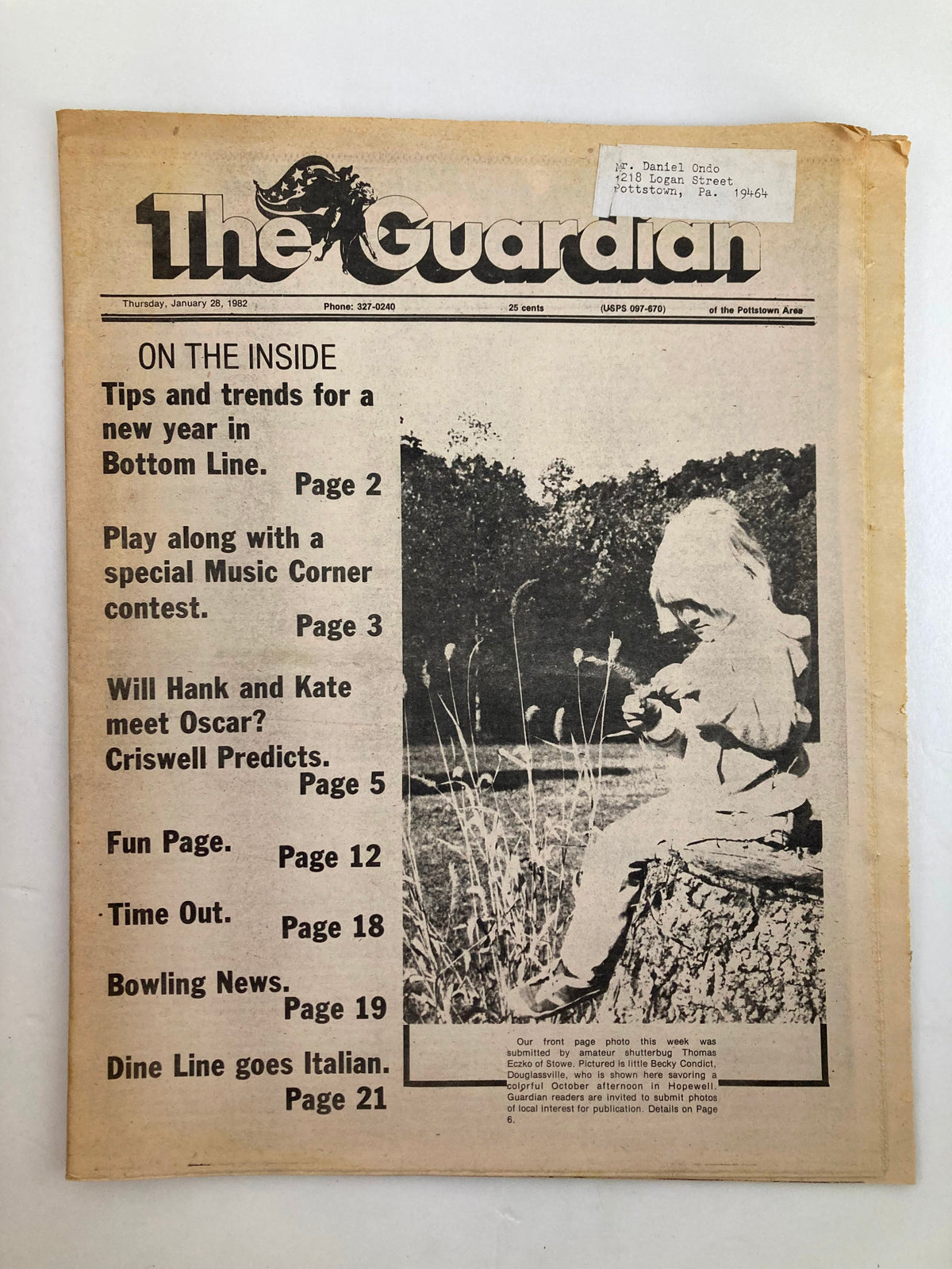 Cover of The Guardian Newspaper from January 28, 1982, featuring the headline 'Will Hank and Kate Meet Oscar?' with additional articles listed on the side and a vintage photograph of a child in nature.
