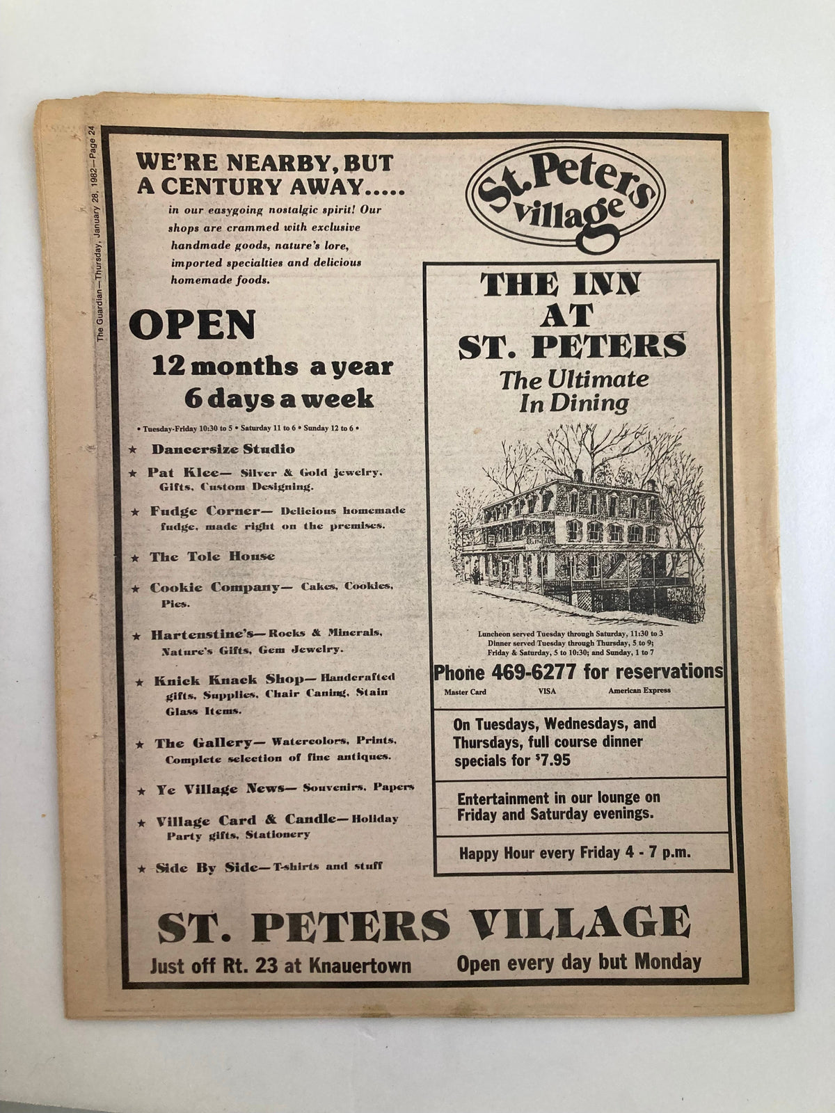 Vintage advertisement from The Guardian Newspaper January 28, 1982 featuring St. Peter's Village shops and dining options. Highlights include local handcrafted goods, dining at The Inn at St. Peters, and various unique stores. This collectible issue reflects early 1980s cultural trends.