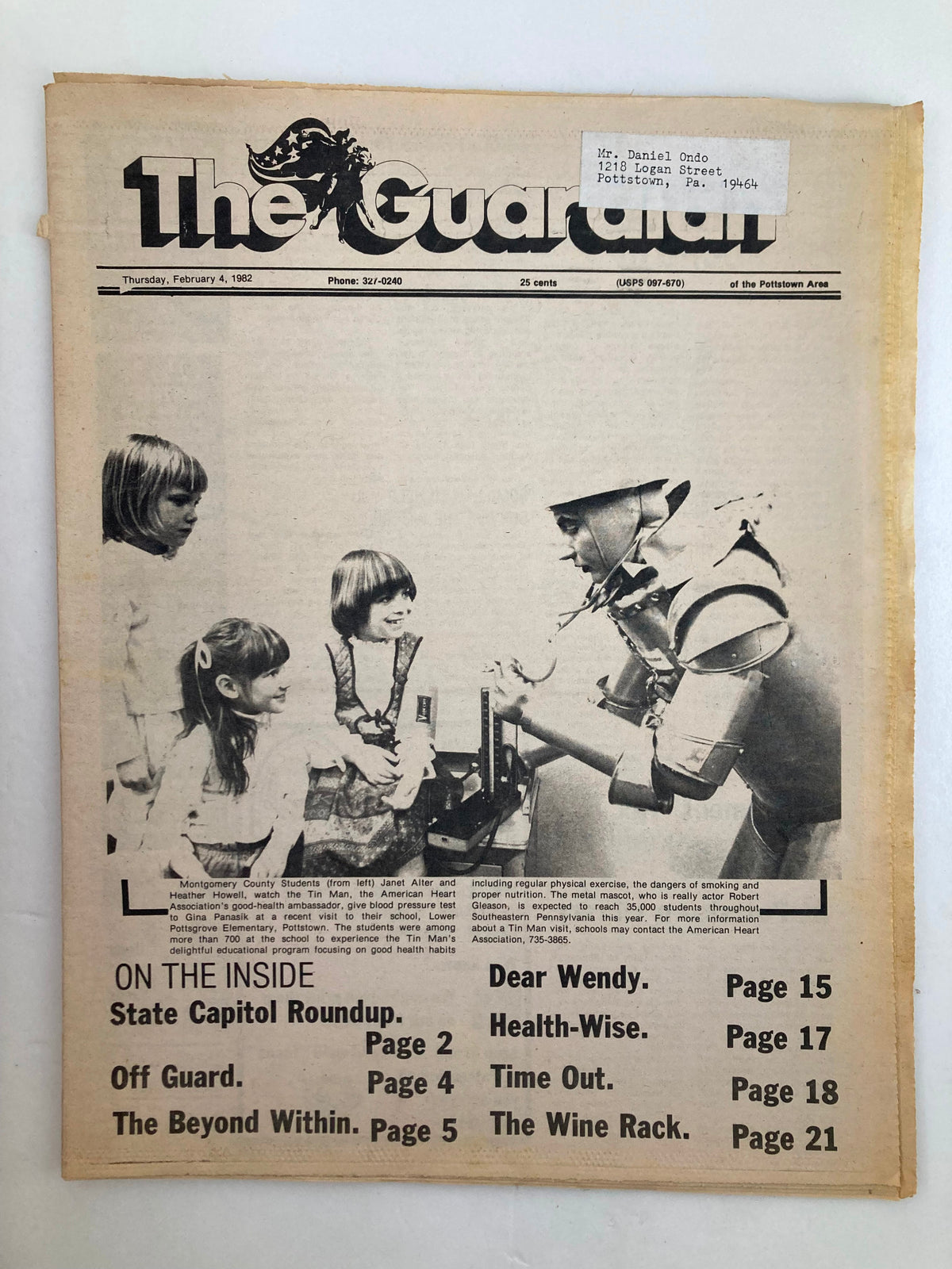 Front page of The Guardian newspaper dated February 4, 1982, featuring articles including 'State Capitol Roundup' and 'The Beyond Within', with images of children and a robot.