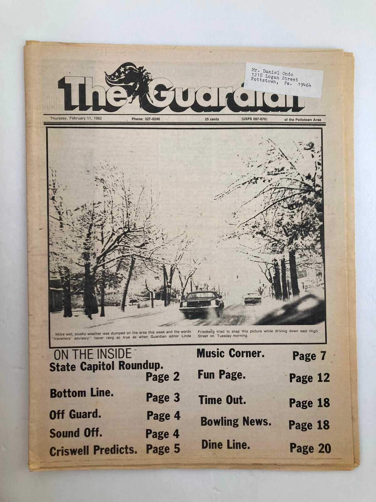 The Guardian Newspaper February 11 1982 Criswell Predicts & Bottom Line showcasing the front page featuring a snowy street scene and various sections including 'Bottom Line' and 'Criswell Predicts' along with newspaper date and logo.