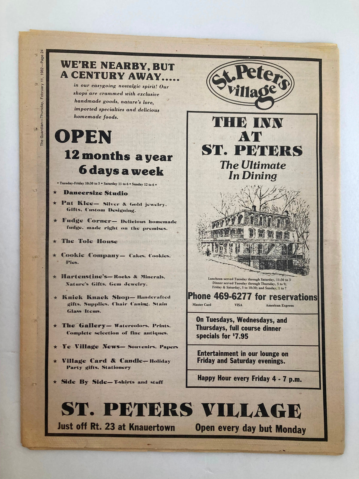 The Guardian Newspaper February 11 1982 Criswell Predicts & Bottom Line showing the back page advertisement for St. Peter's Village highlighting dining options and services available year-round.