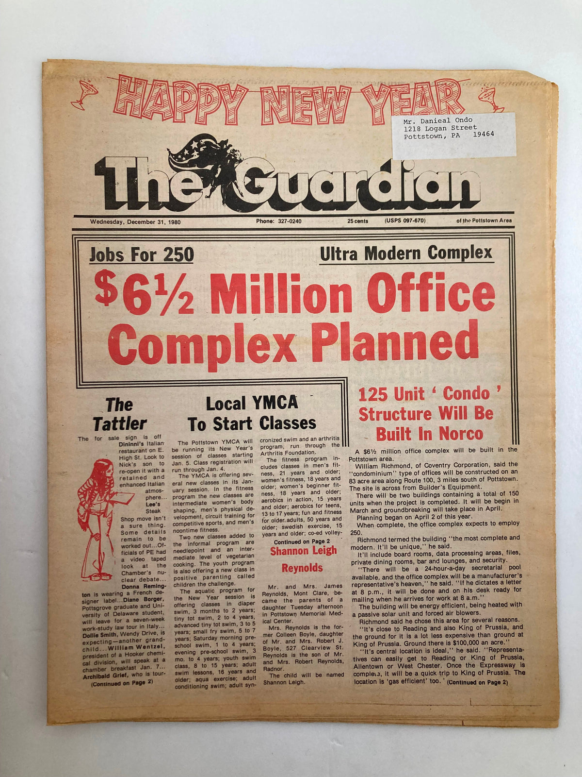 Front page of The Guardian Newspaper dated December 31, 1980, featuring 'The Local YMCA To Start Classes' headline, with the tagline 'Happy New Year'. Includes announcements and job listings.