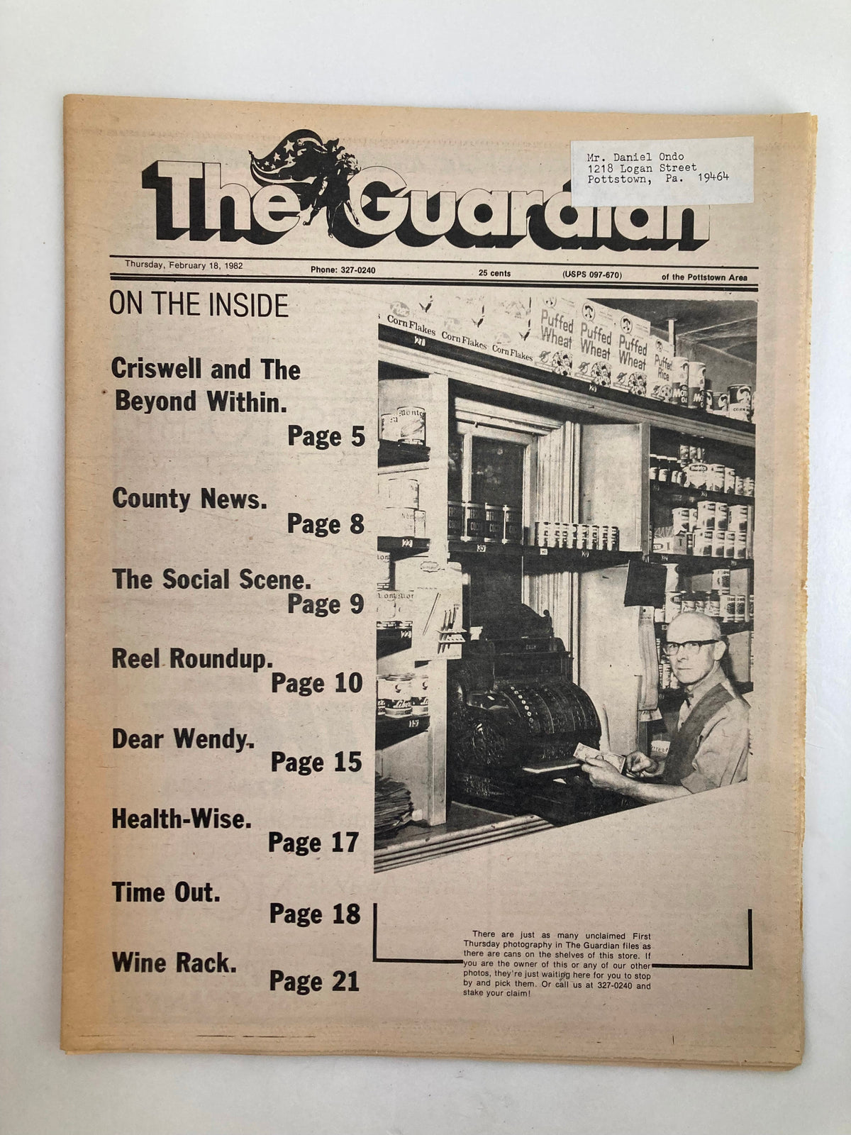 The Guardian Newspaper from February 18, 1982 featuring an article on Criswell and The Beyond Within. The front page includes a photograph of a man working at the register in a store, showcasing local news and community events.