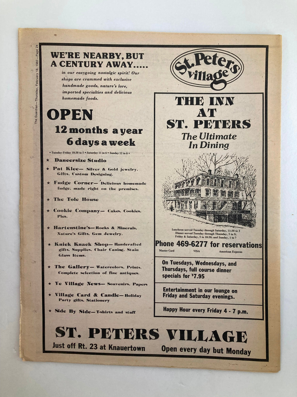 The Guardian Newspaper from February 18, 1982, showcasing an advertisement for St. Peter's Village, which promotes dining and various local businesses. The ad emphasizes the village's proximity and offerings.