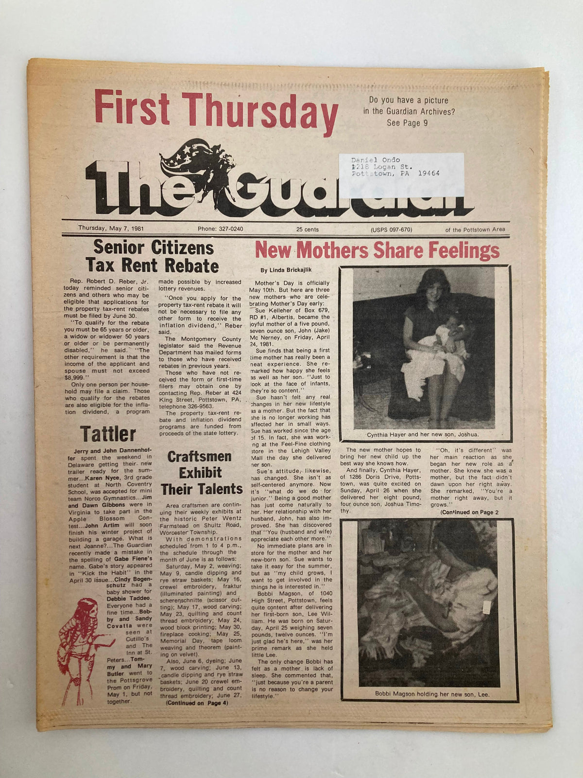 The Guardian Newspaper May 7 1981 featuring Senior Citizens Tax Rent Rebate article, showcasing a vintage newspaper layout with headlines and imagery, in good condition with minor wear.