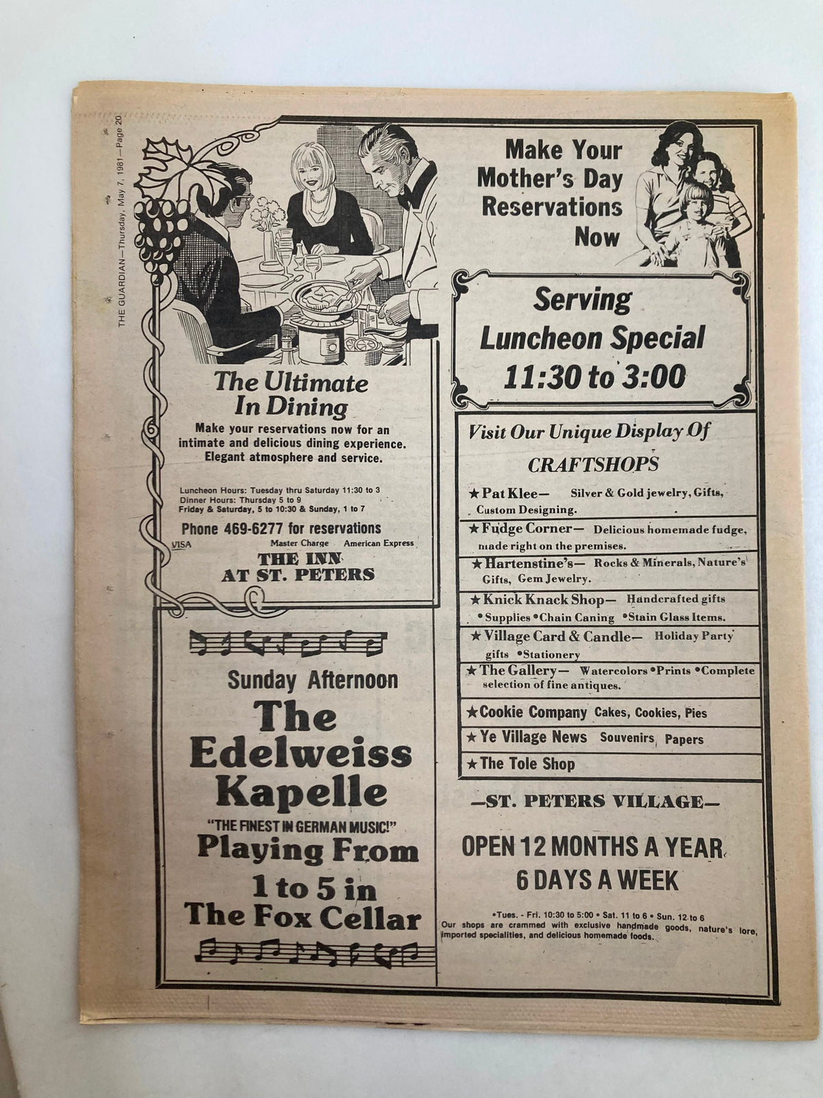 The Guardian Newspaper May 7 1981 advertisement for Mother's Day reservations and dining options, displaying an illustrated dining scene, alongside promotion for local events and services.