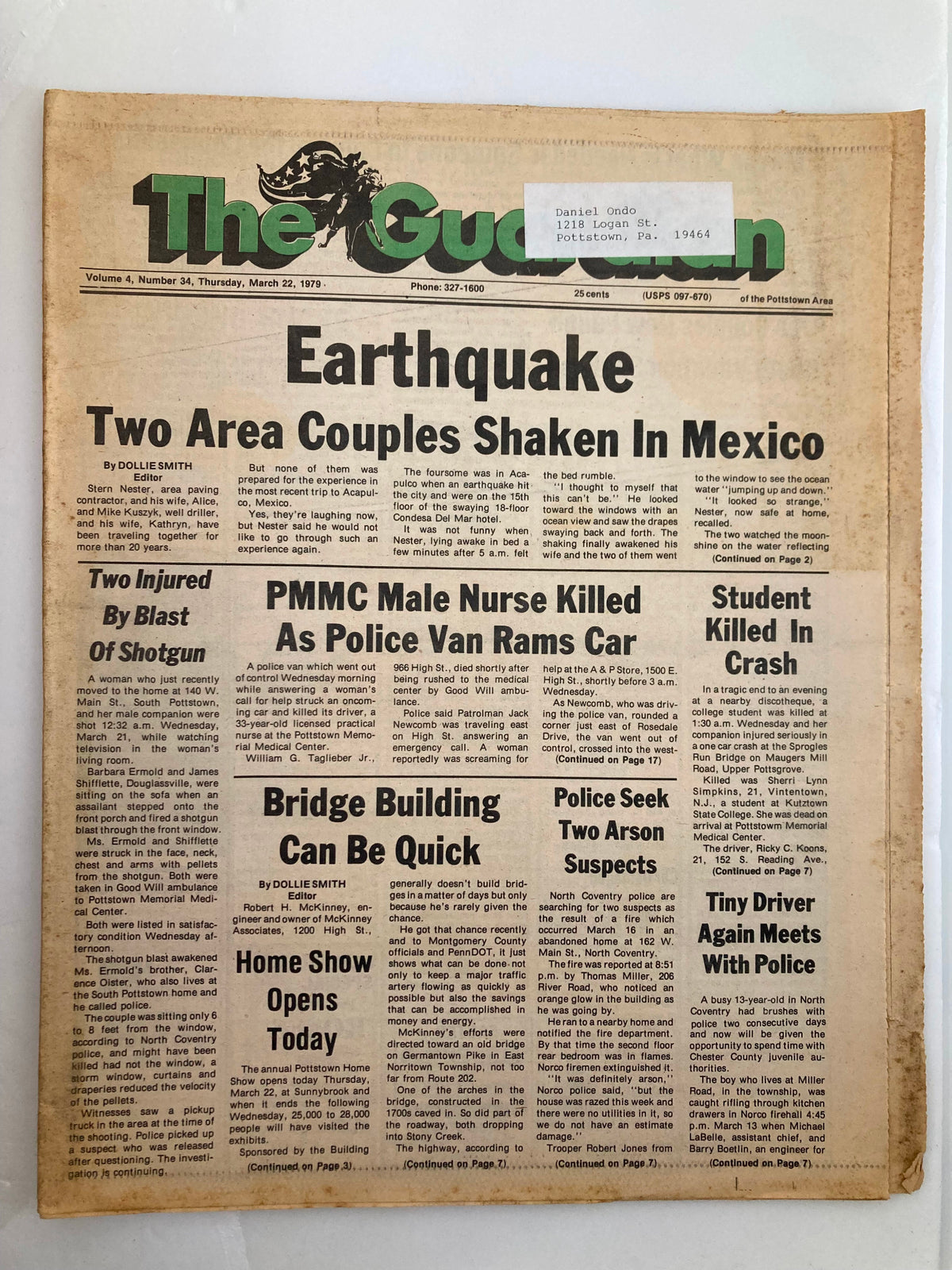 The Guardian Newspaper from March 22, 1979, featuring an article titled 'Earthquake: Two Area Couples Shaken in Mexico', showcasing the impact of the significant earthquake on the Mexico City area. This vintage newspaper includes details about the event and is presented in good condition with minor wear.