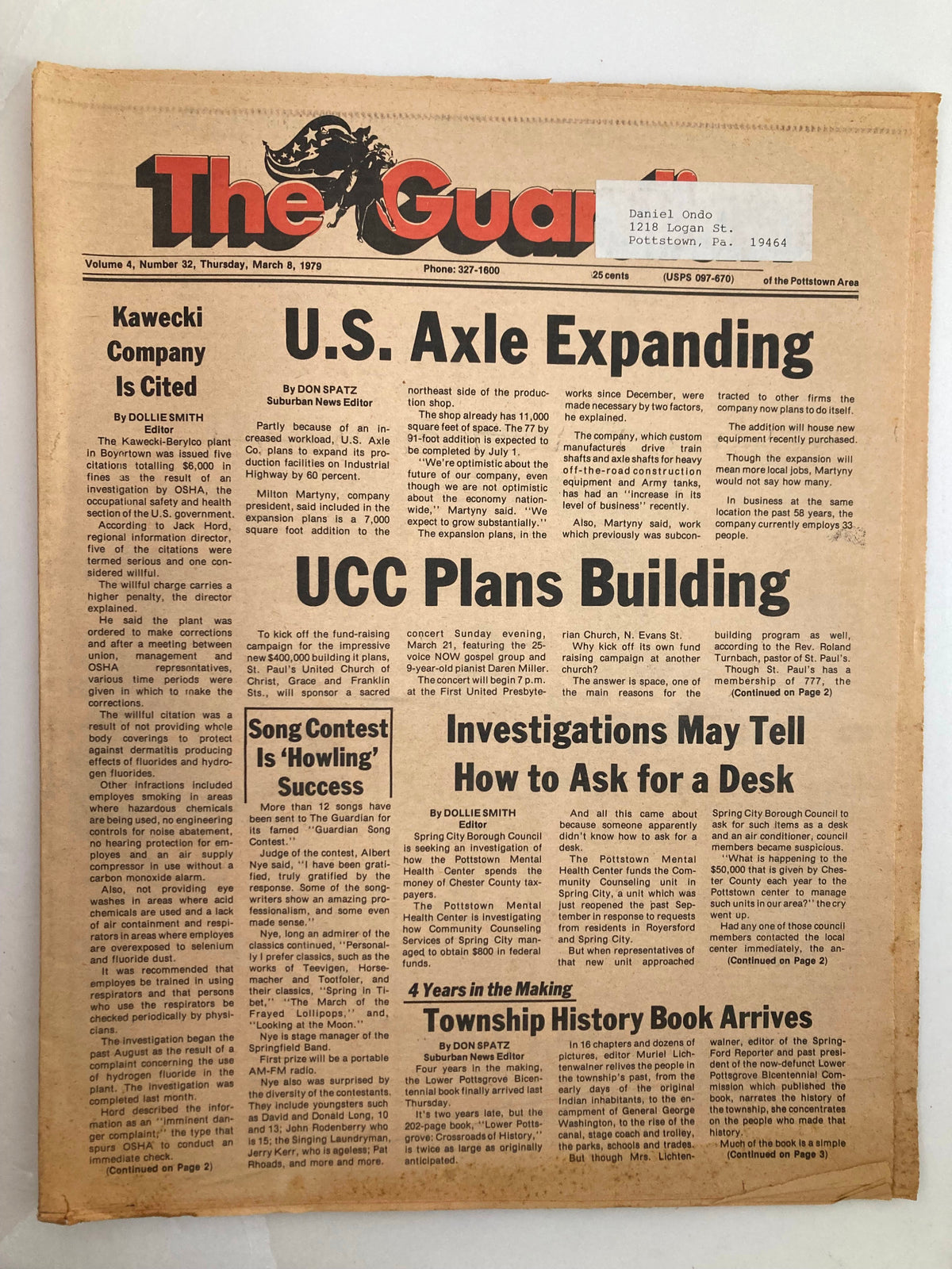 Front page of The Guardian newspaper from March 8, 1979, featuring headlines 'U.S. Axle Expanding' and 'UCC Plans Building', with a label on the top right.