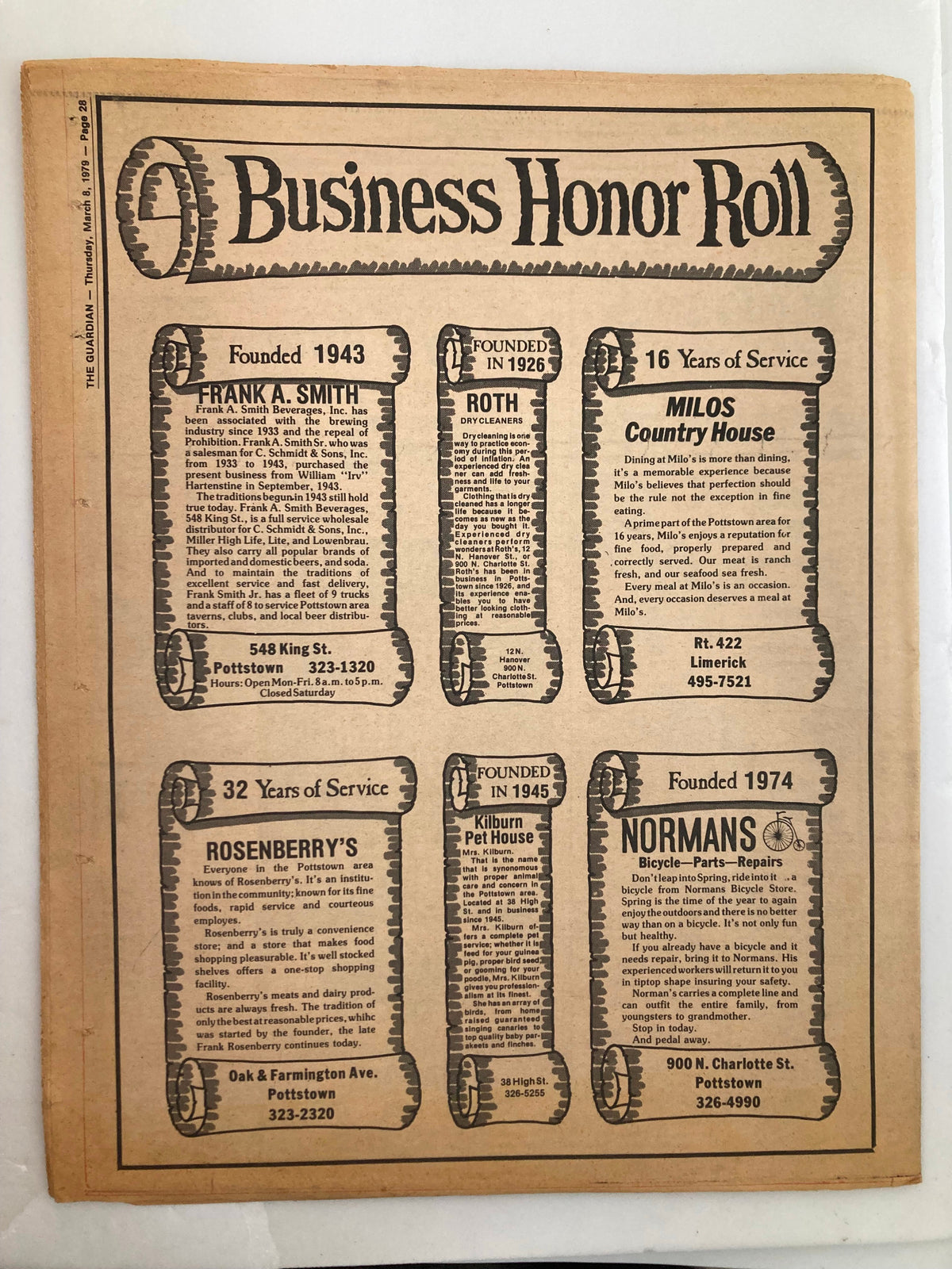 Back page of The Guardian newspaper from March 8, 1979, displaying a Business Honor Roll, highlighting various local businesses established between 1943 and 1974.