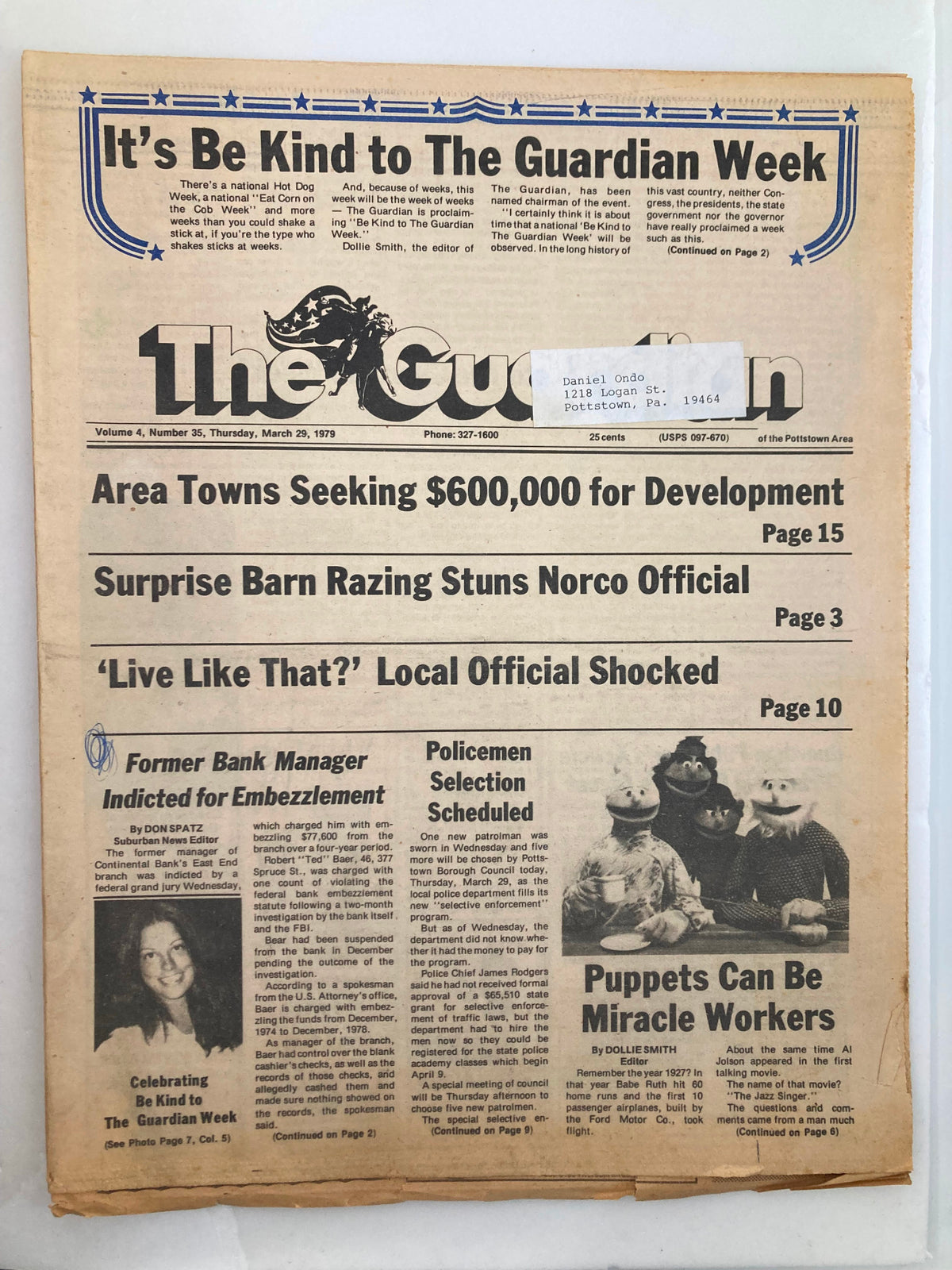The Guardian Newspaper, March 29, 1979, Vol 4 #35, featuring the headline 'Puppets Can Be Miracle Workers' along with articles on community development, surprise band raising stuns local officials, and more. The newspaper shows minor wear and features a label on the front.