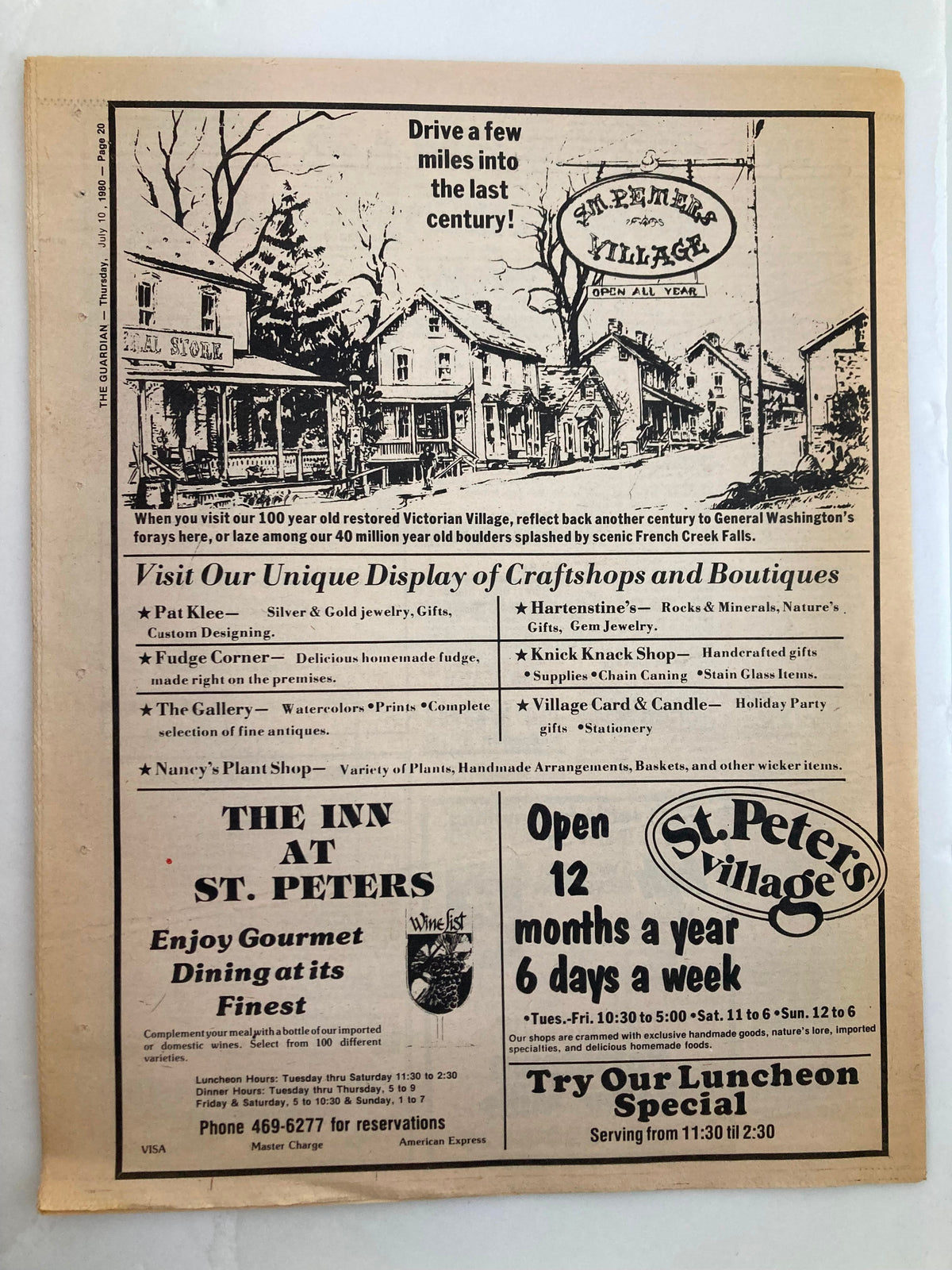 The Guardian Newspaper July 10 1980 showcasing an advertisement for St. Peter's Village, inviting visitors to explore craft displays and dining options.