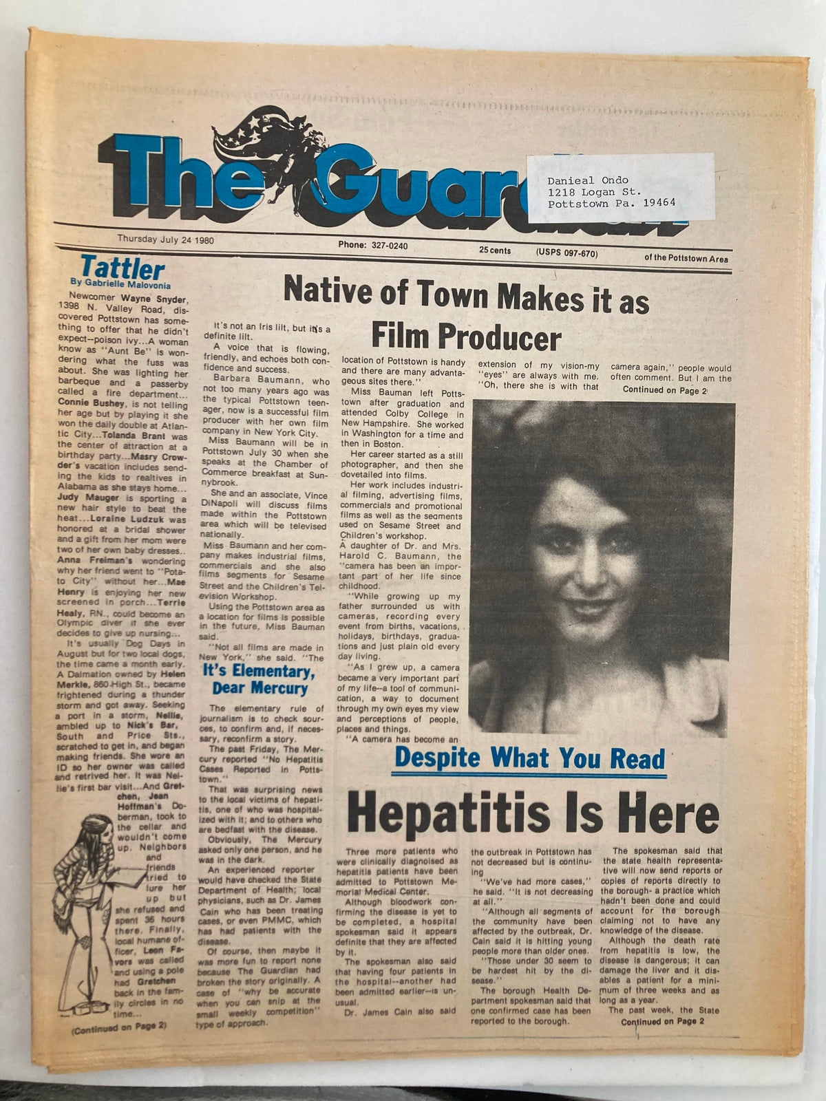 The Guardian Newspaper from July 24, 1980 featuring the headline 'Native of Town Makes it as Film Producer', showcasing an article about a local individual succeeding in film production, with an accompanying image of the producer.