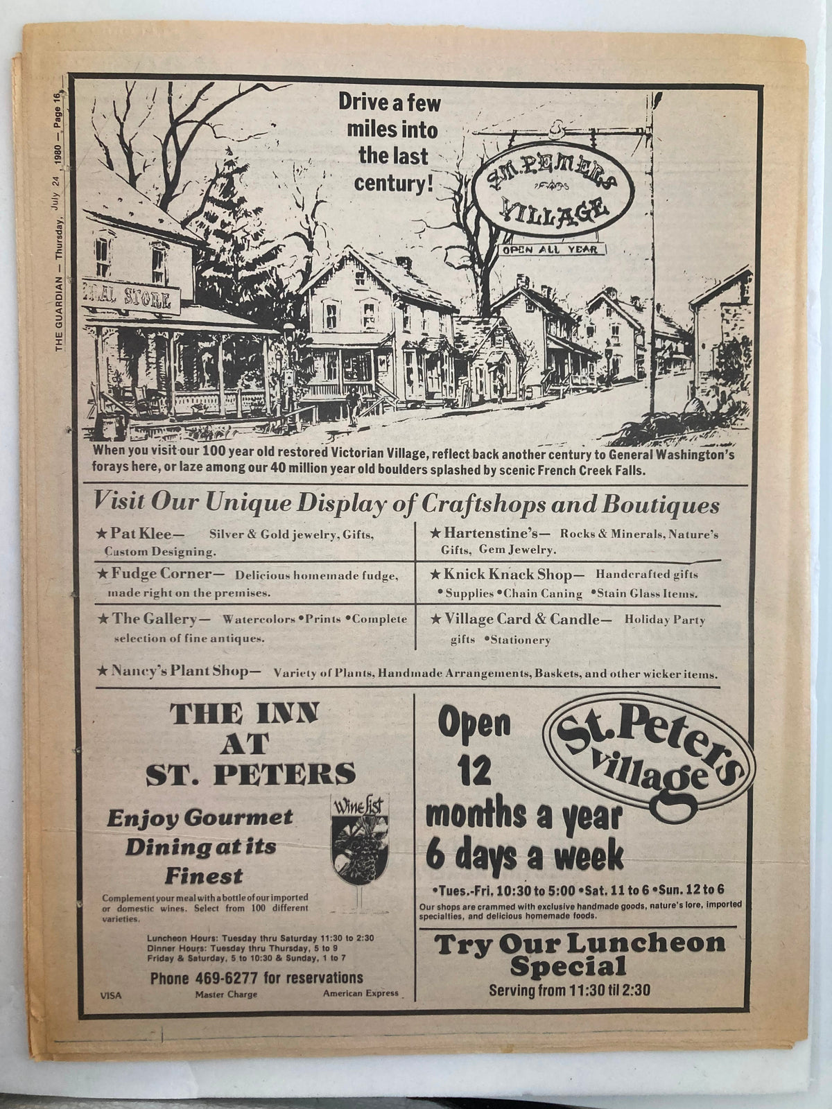The Guardian Newspaper from July 24, 1980 displaying an advertisement for St. Peter's Village, supporting local businesses and inviting visitors to experience the unique craft shops and dining options.
