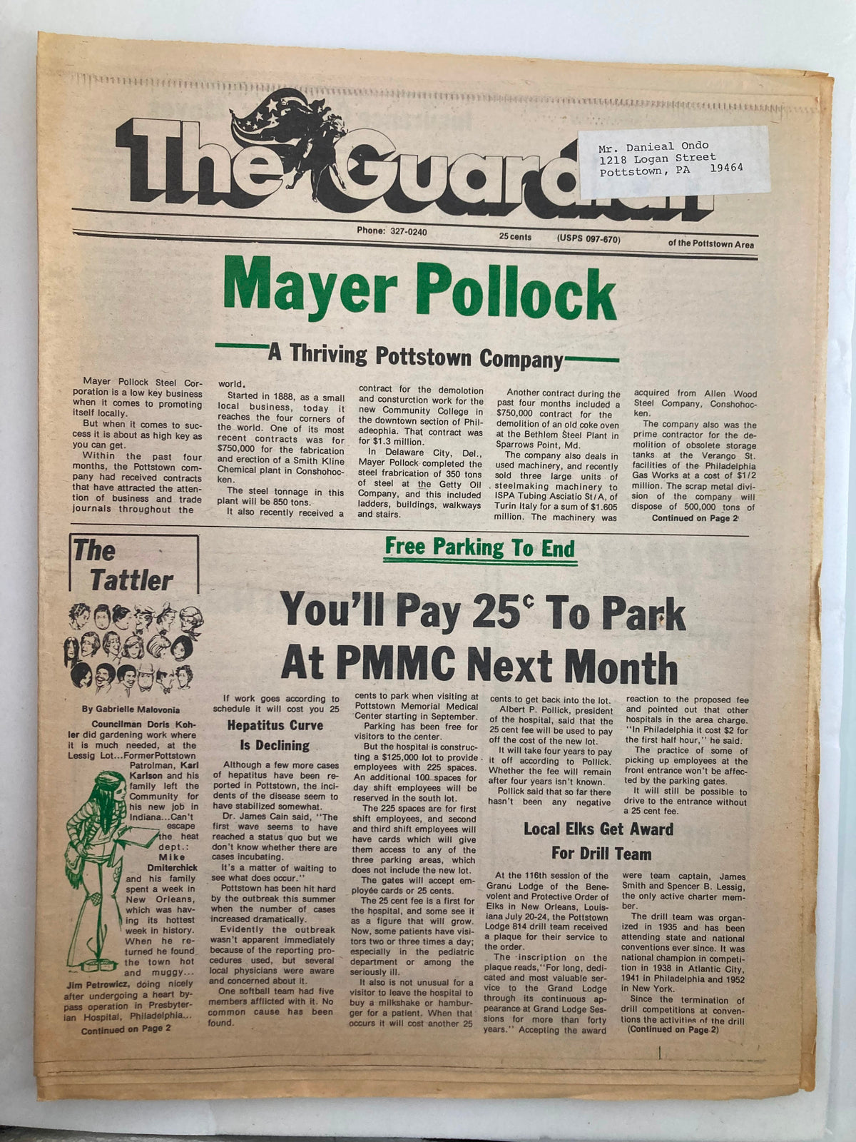 The Guardian Newspaper dated July 31, 1980, featuring an article titled 'Mayer Pollock: A Thriving Pottstown Company' showcasing local business success in Pottstown.