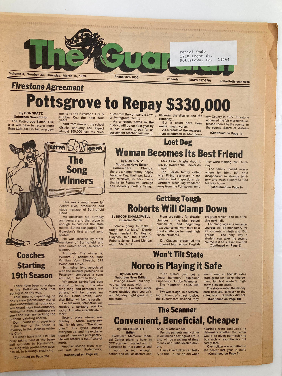The Guardian Newspaper March 15 1979 Vol 4 #33 featuring headline Pottsgrove to Repay $330,000, with an illustration of a character, showcasing interesting articles and good condition, minor wear visible.