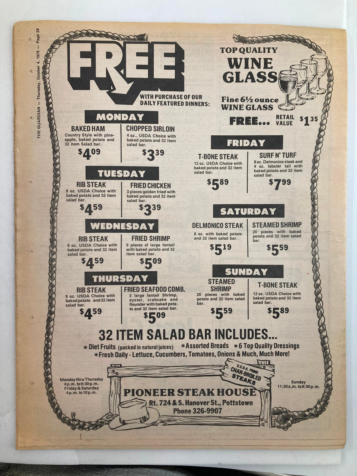 Advertisement from The Guardian Newspaper, October 4, 1979, offering a free wine glass with select dinner purchases at Pioneer Steak House.