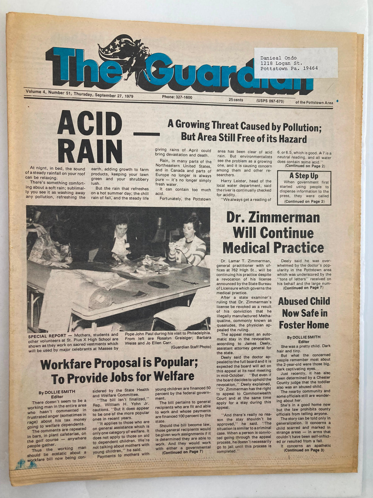 The Guardian Newspaper from September 27, 1979, Vol 4 #51 featuring the headline 'ACID RAIN: A Growing Threat Caused by Pollution' with articles discussing environmental issues and medical practices.