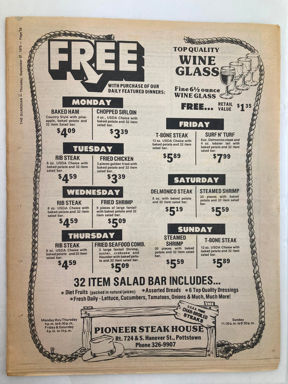 The reverse side of The Guardian Newspaper, September 27, 1979, advertising deals at Pioneer Steak House, including daily featured dinners and a salad bar menu.