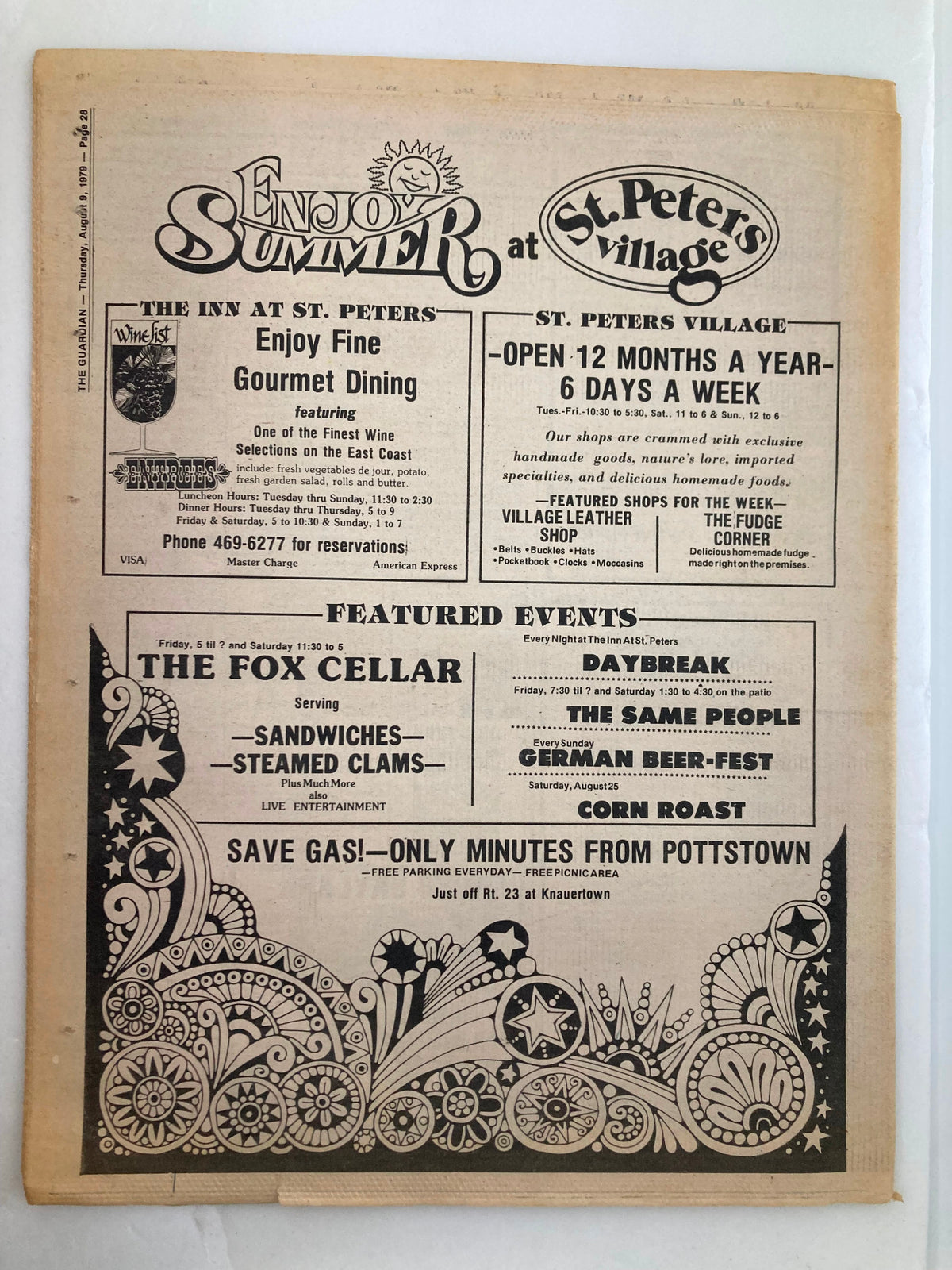 The Guardian Newspaper August 9 1979 Vol 4 #44 with ads for local dining and events at St. Peters Village, including mentions of gourmet dining and featured events like a corn roast.
