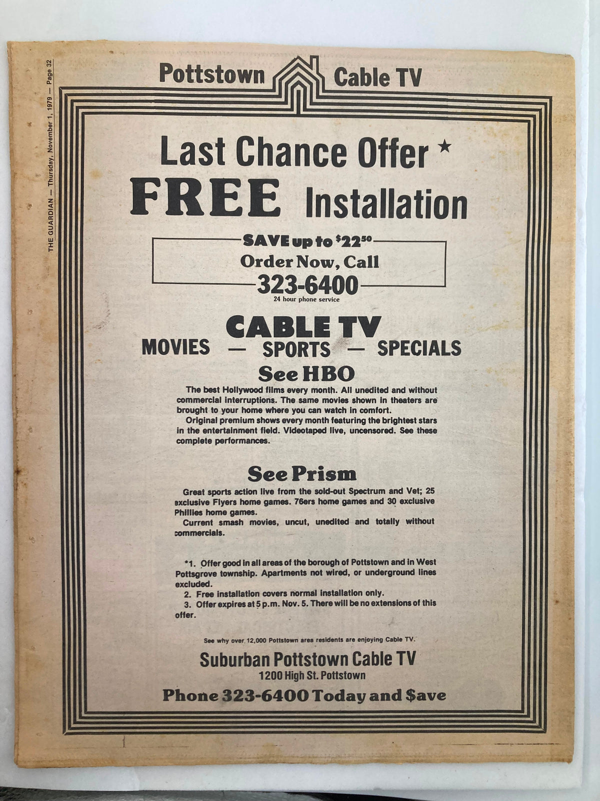 Back cover of The Guardian Newspaper, November 1, 1979, highlighting a 'Last Chance Offer' for free cable TV installation with promotional details and local contact information.