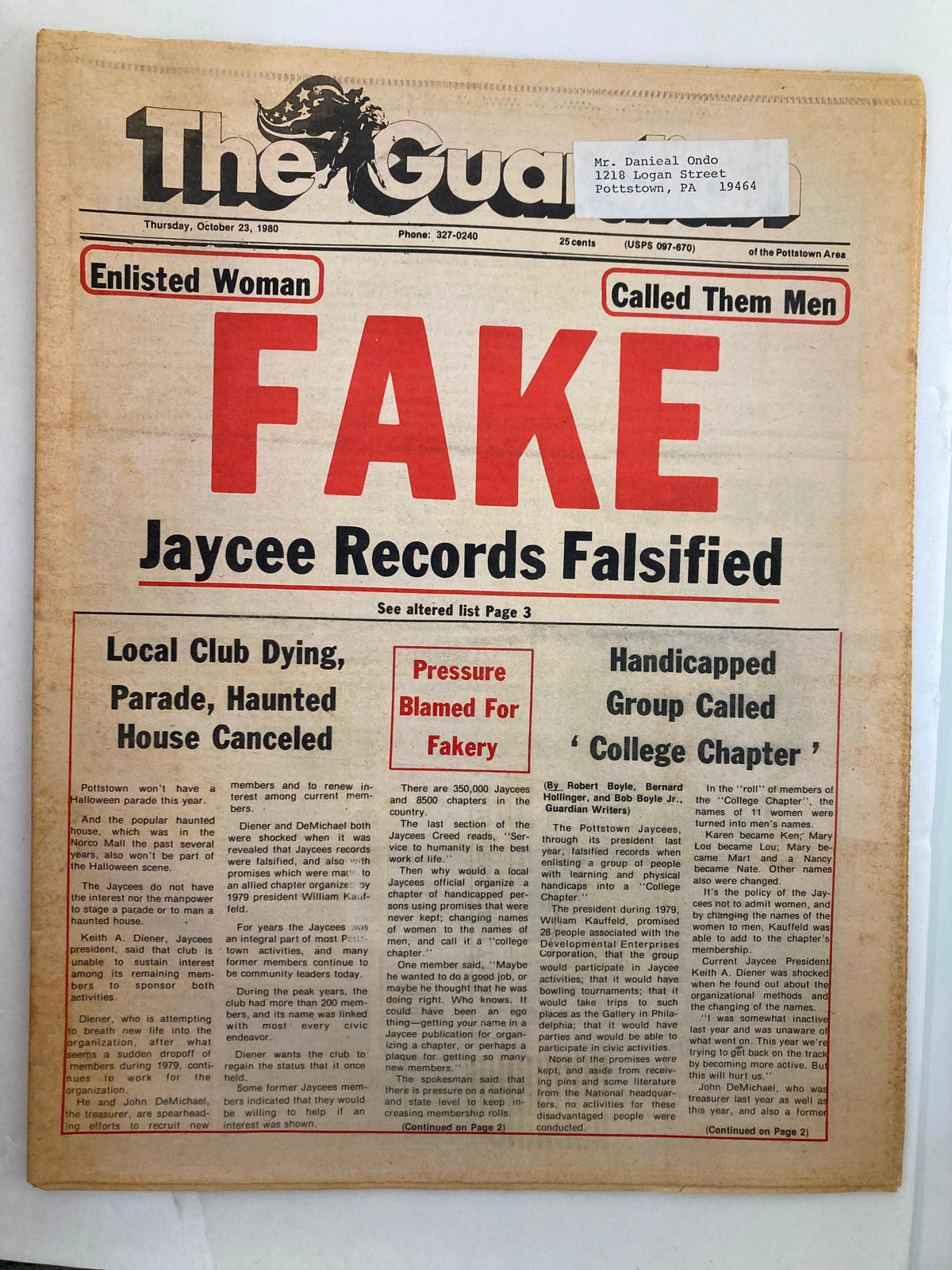 The Guardian Newspaper from October 23, 1980, featuring a headline that reads 'FAKE Jaycee Records Falsified'. The front page includes stories about local issues and a large bold title highlighting the controversy.