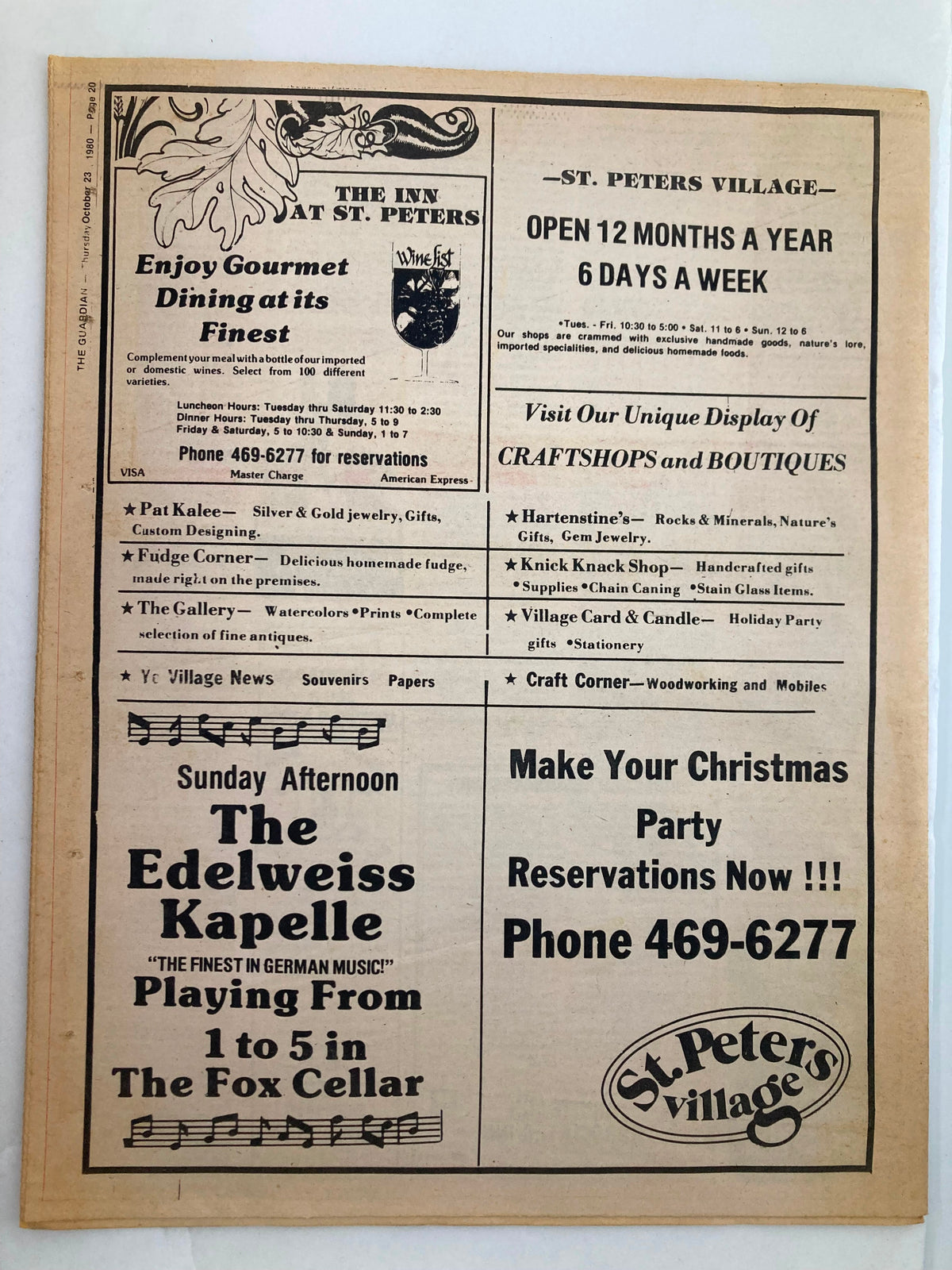 The back page of The Guardian Newspaper from October 23, 1980, advertising local businesses and events in St. Peters Village, including dining options and reservations for a music performance.
