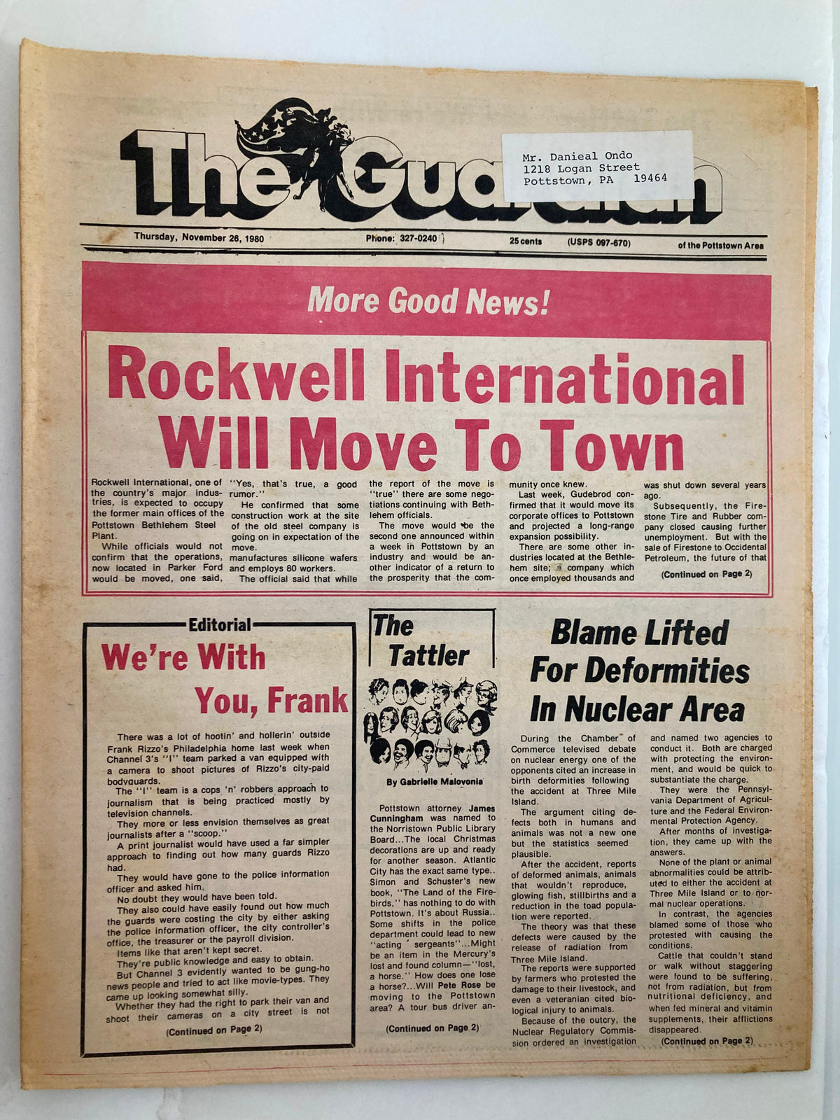 The Guardian newspaper dated November 26, 1980, featuring the headline 'Rockwell International Will Move To Town'. The newspaper is displayed in good condition with minor wear, showing an editorial section titled 'We're With You, Frank' and other articles discussing relevant news of the time. The image captures the historic significance of this publication.