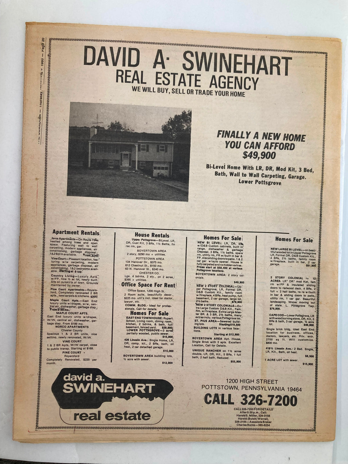 Advertisement from David A. Swinehart Real Estate Agency in The Guardian Newspaper, dated November 6, 1980, promoting homes for sale in Pottstown, Pennsylvania, including a featured property priced at $49,900.