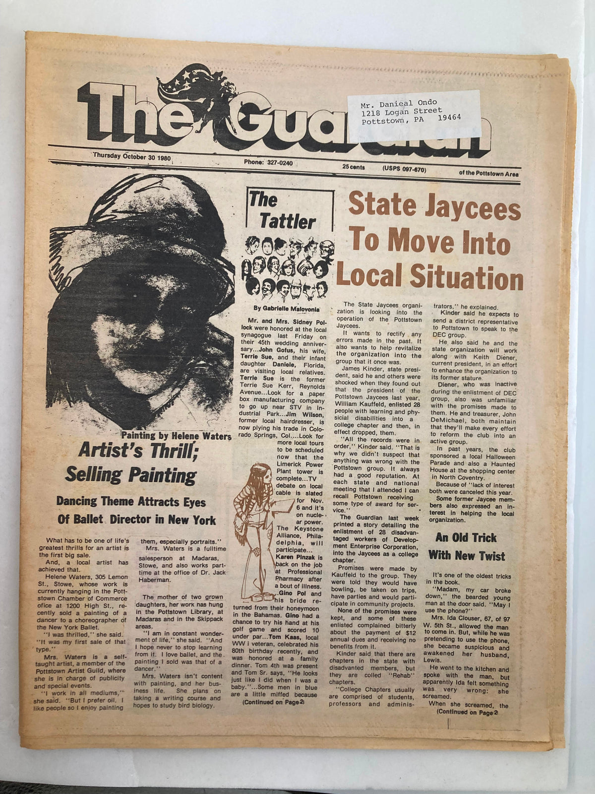 Front page of The Guardian newspaper from October 30, 1980, featuring the headline 'State Jaycees To Move Into Local Situation' along with an illustration and article details.