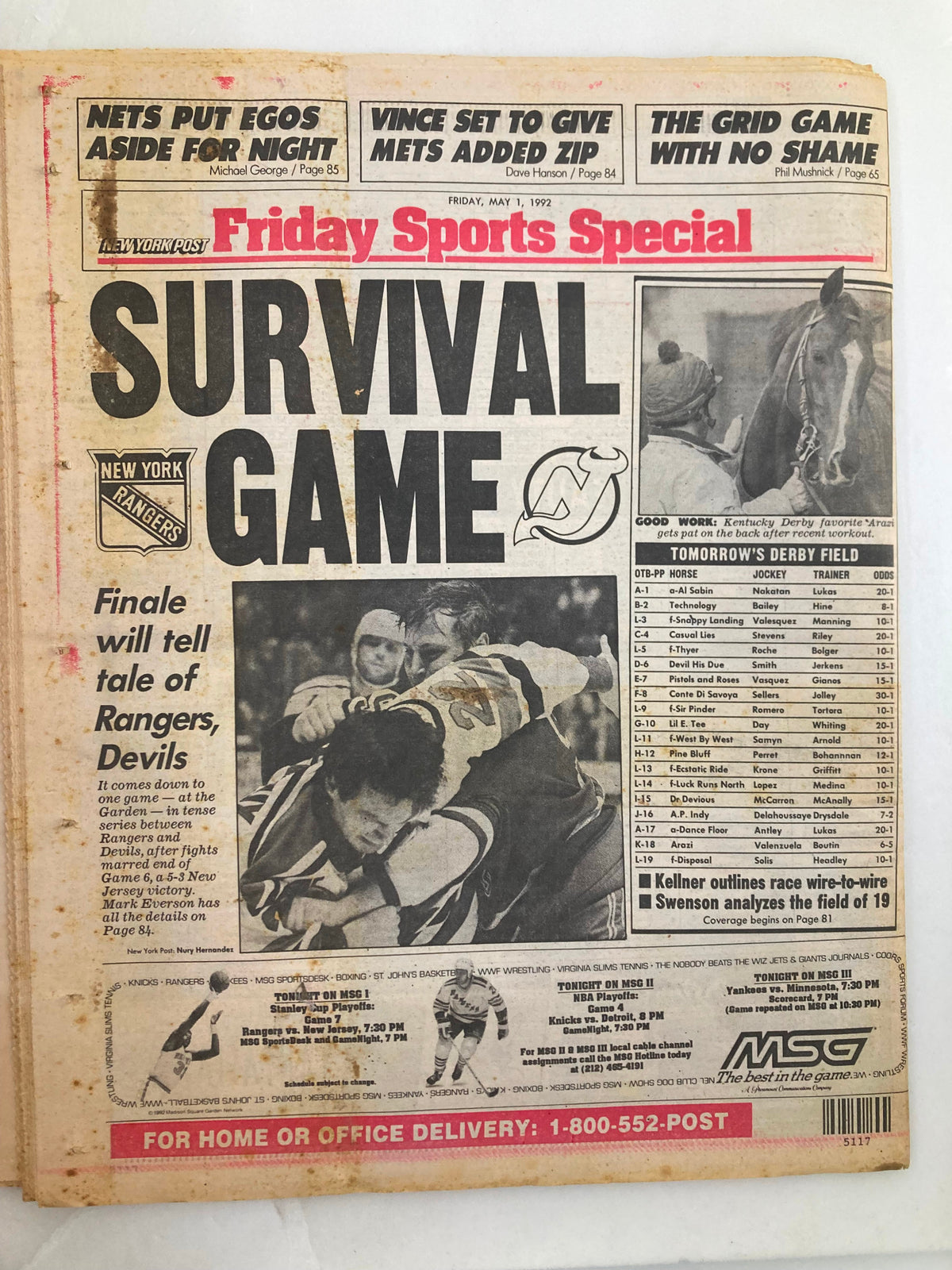 Front page of the New York Post Tabloid Metro Edition from May 1, 1992, featuring the title 'SURVIVAL GAME' with coverage on the NHL playoffs between the New York Rangers and the New Jersey Devils.