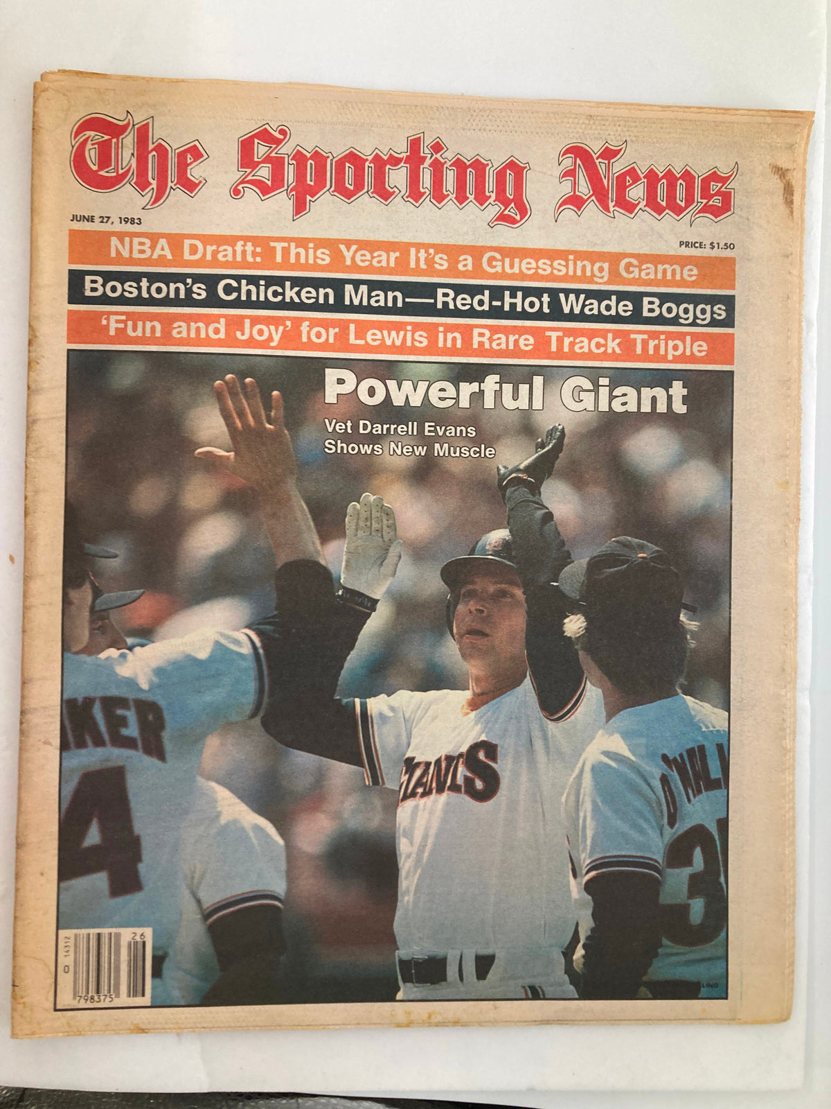 The Sporting News Tabloid from June 27, 1983, featuring MLB Giants star Darrell Evans on the cover, highlighting his powerful performance with the caption 'Powerful Giant.' This vintage magazine captures a moment in baseball history and is ideal for collectors and fans of the San Francisco Giants.