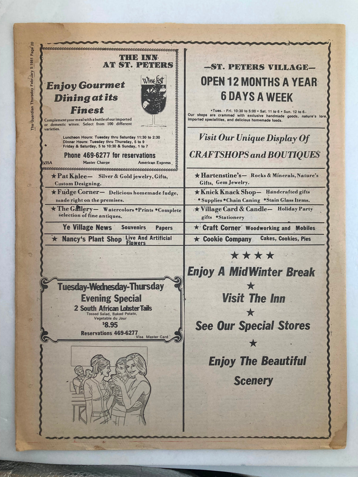 The Guardian Newspaper February 5 1981 showcasing advertisements for local businesses and dining options at The Inn at St. Peters, reflecting the community and lifestyle of the early 1980s.