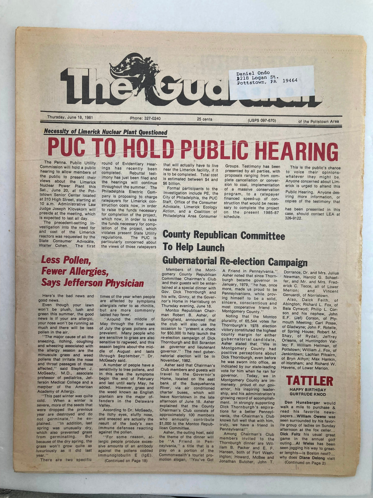 Front page of The Guardian Newspaper from June 18, 1981, featuring the headline 'Less Pollen, Fewer Allergies Says Jefferson' along with sections on a public hearing and local political news.