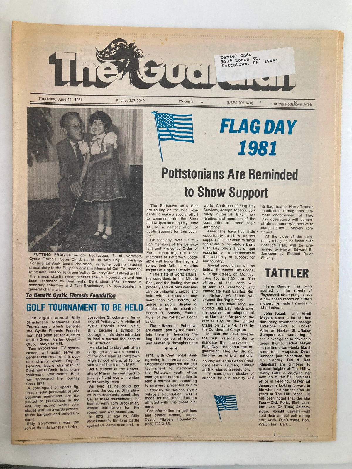 The Guardian Newspaper dated June 11 1981, features a headline reminding Pottstonians to show support on Flag Day 1981. The article includes images of local residents participating in community events.
