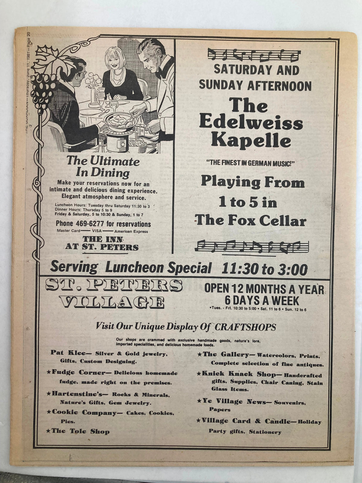 Advertisement from The Guardian Newspaper dated June 11 1981, promoting The Edelweiss Kapelle performing German music at St. Peters Village, highlighting dining experience and local craftshops.