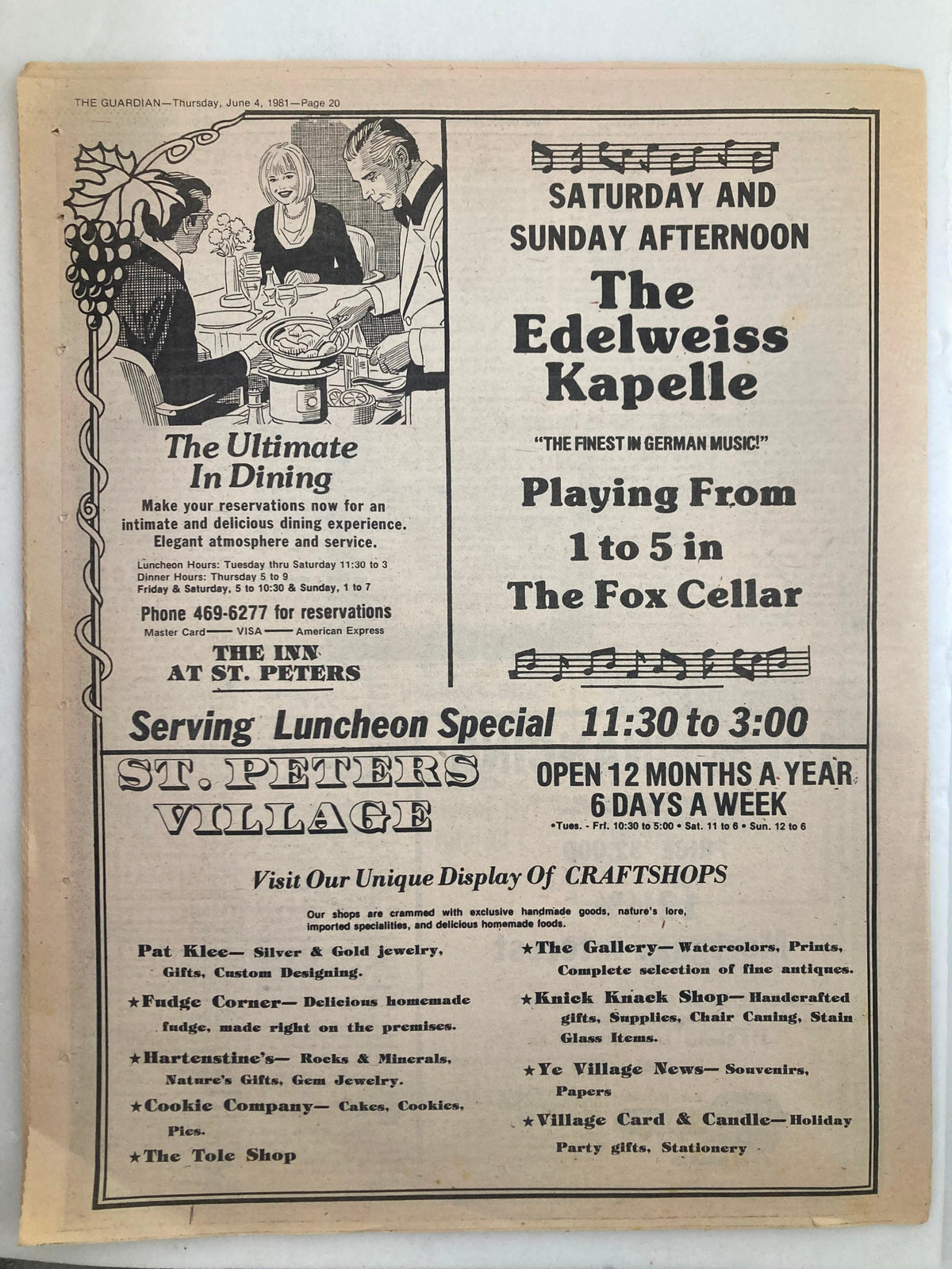 The Guardian Newspaper June 4 1981 advertisement for The Edelweiss Kapelle, promoting a German music event.